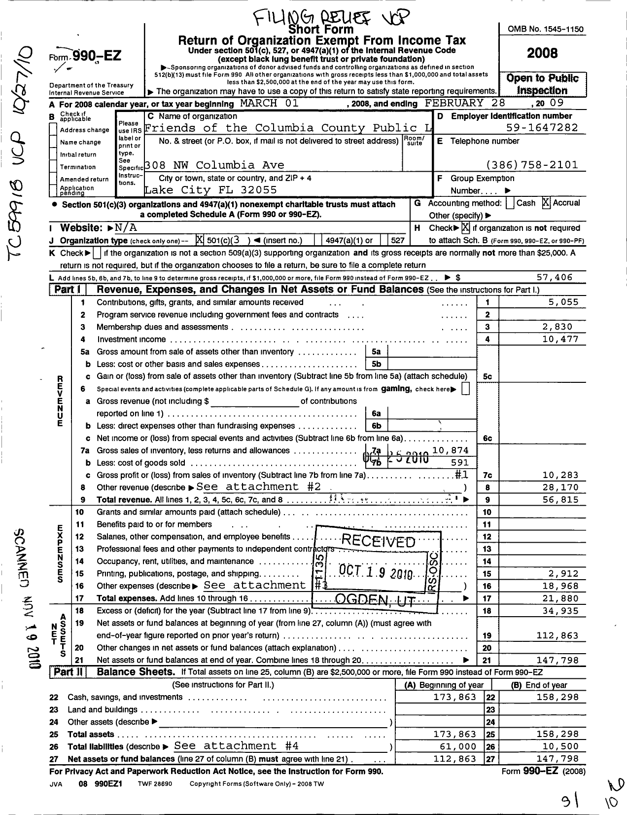 Image of first page of 2008 Form 990EZ for Friends of the Columbia County Library Chapt of Suwanne Regional