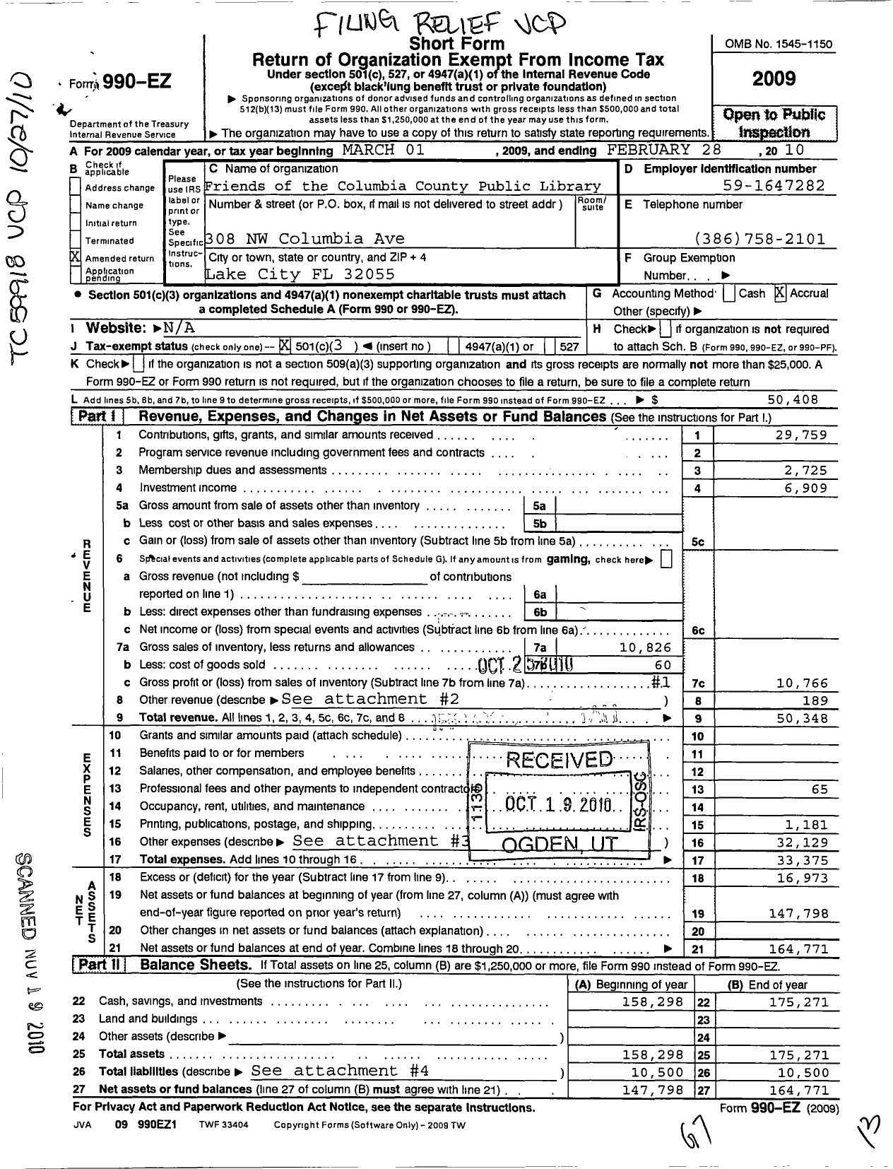 Image of first page of 2009 Form 990EZ for Friends of the Columbia County Library Chapt of Suwanne Regional