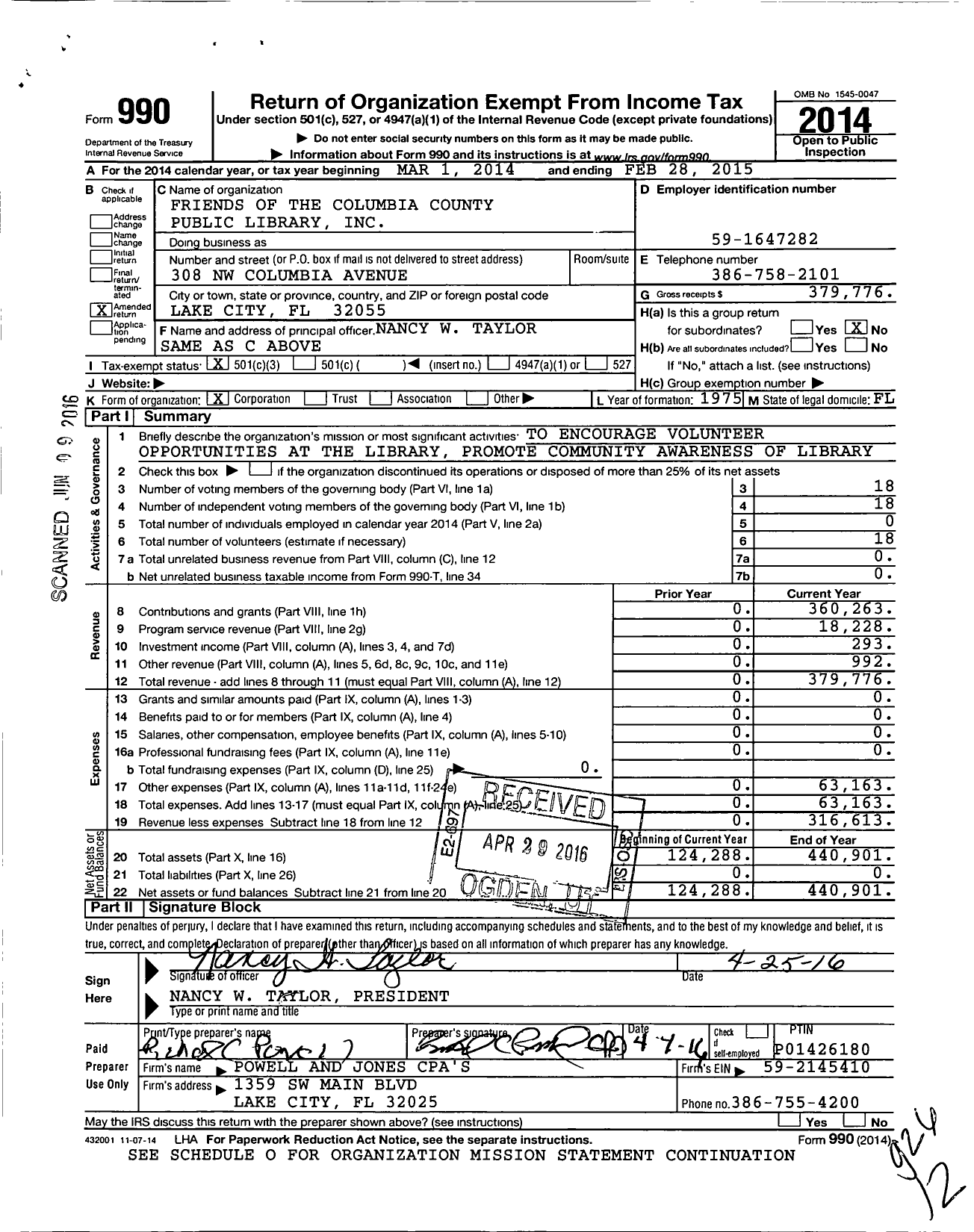 Image of first page of 2014 Form 990 for Friends of the Columbia County Library Chapt of Suwanne Regional