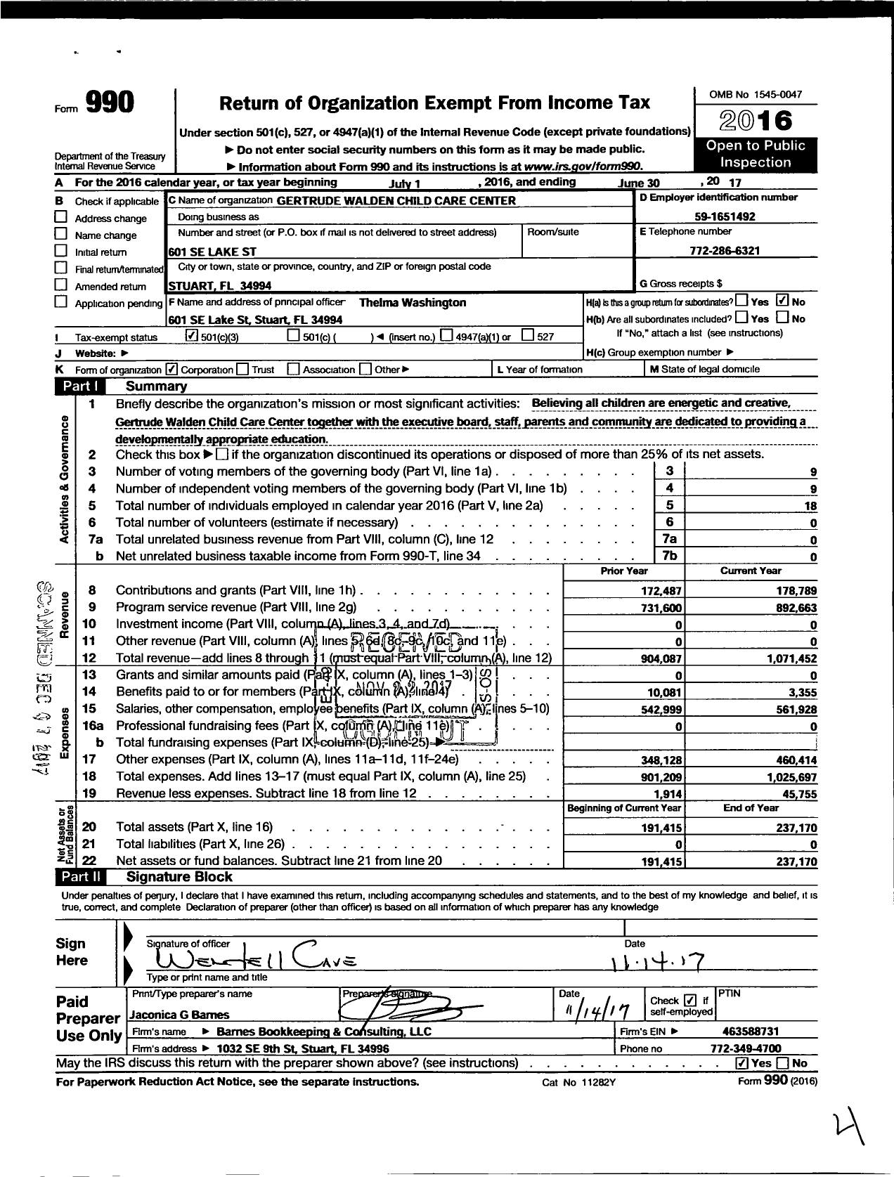 Image of first page of 2016 Form 990 for Gertrude Walden Child Care Center