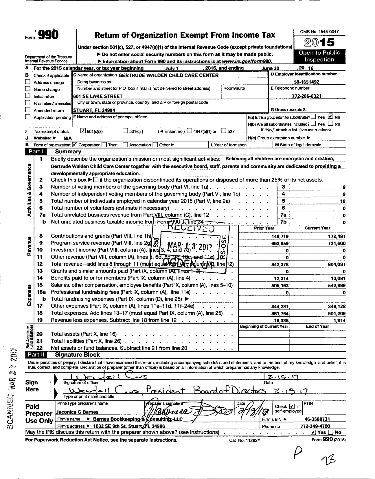 Image of first page of 2015 Form 990 for Gertrude Walden Child Care Center