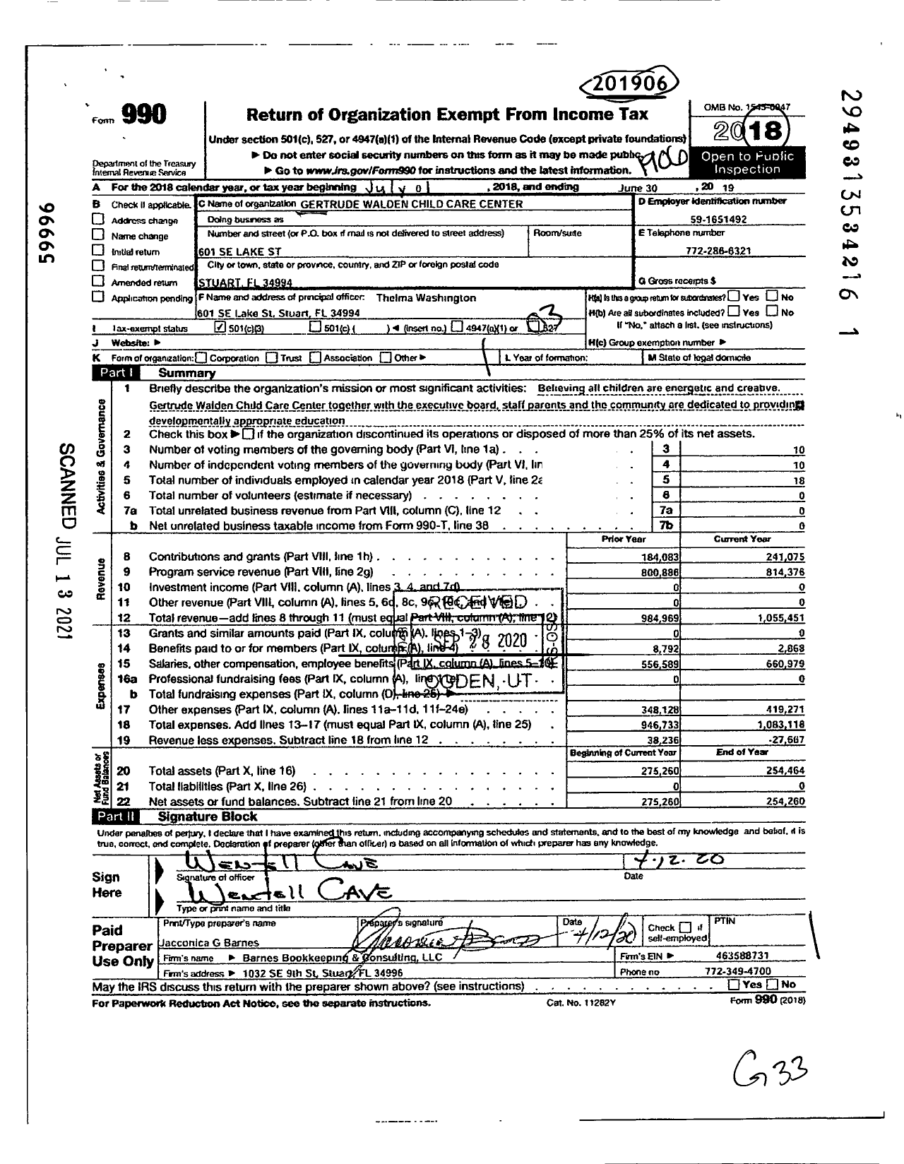 Image of first page of 2018 Form 990 for Gertrude Walden Child Care Center