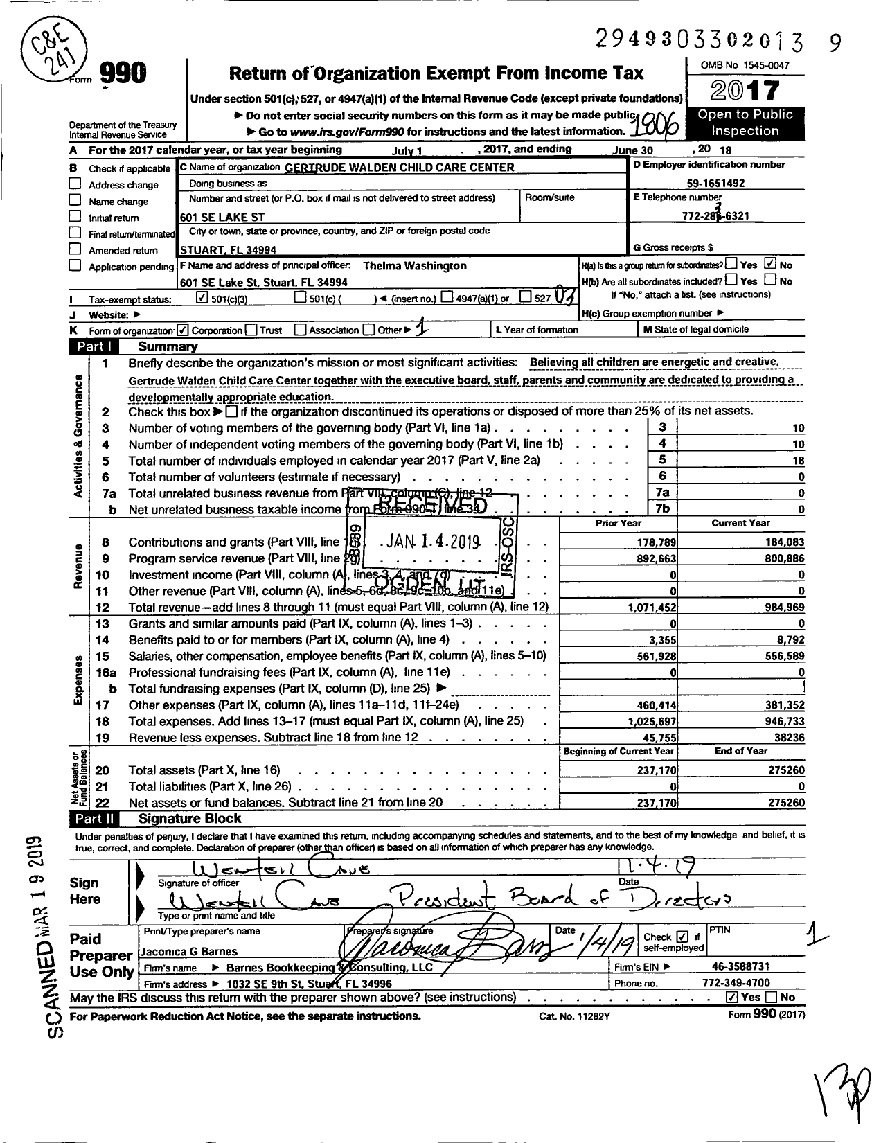 Image of first page of 2017 Form 990 for Gertrude Walden Child Care Center