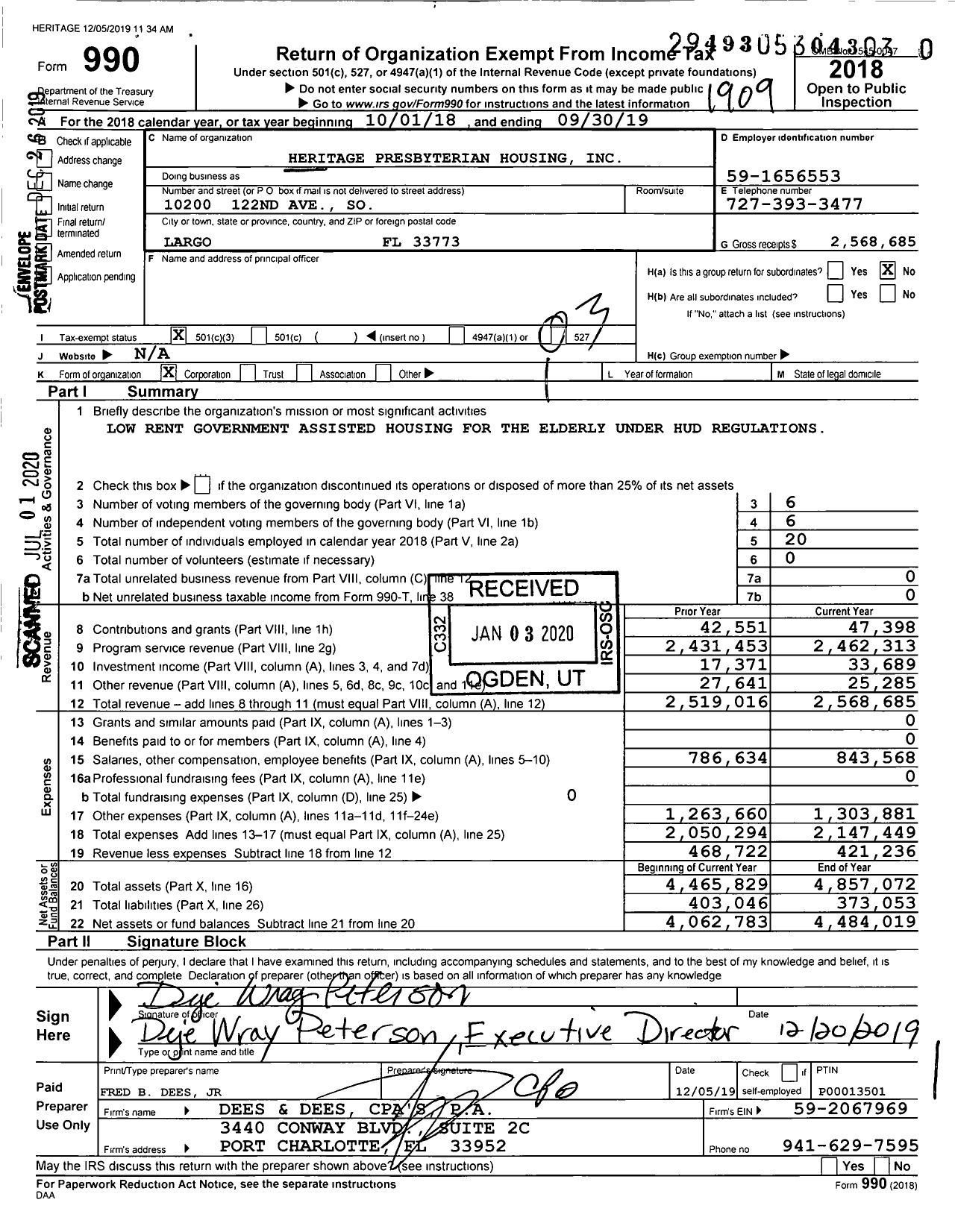 Image of first page of 2018 Form 990 for Heritage Presbyterian Housing