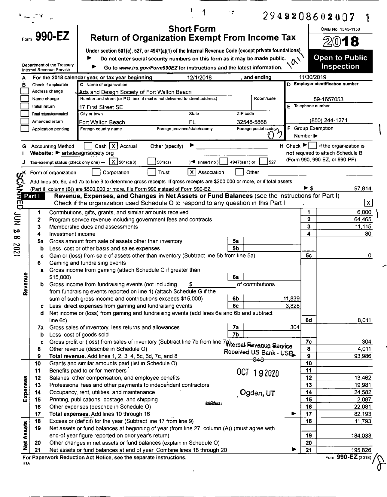 Image of first page of 2018 Form 990EZ for Arts and Design Society of Fort Walton Beach