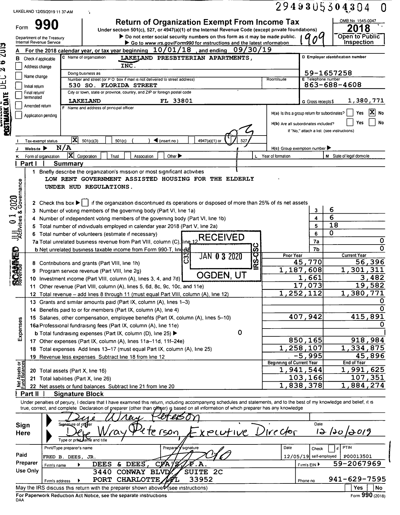 Image of first page of 2018 Form 990 for Lakeland Presbyterian Apartments