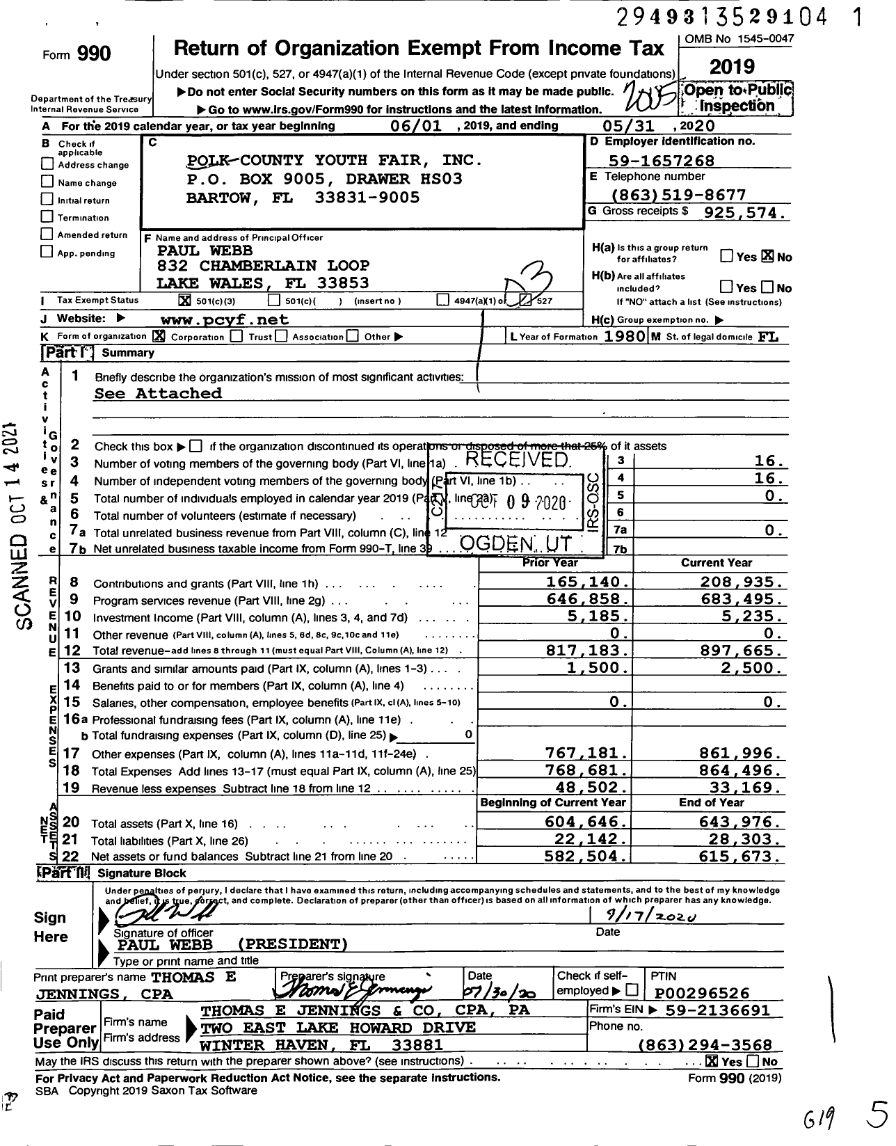 Image of first page of 2019 Form 990 for Polk County Youth Fair