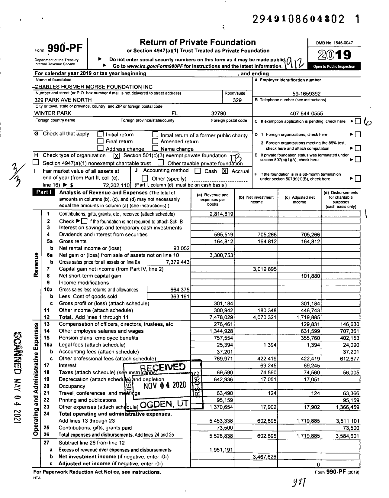 Image of first page of 2019 Form 990PF for Charles Hosmer Morse Foundation
