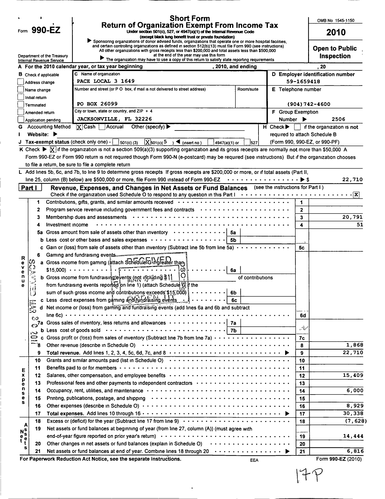 Image of first page of 2010 Form 990EO for United Steelworkers - 01649 Local