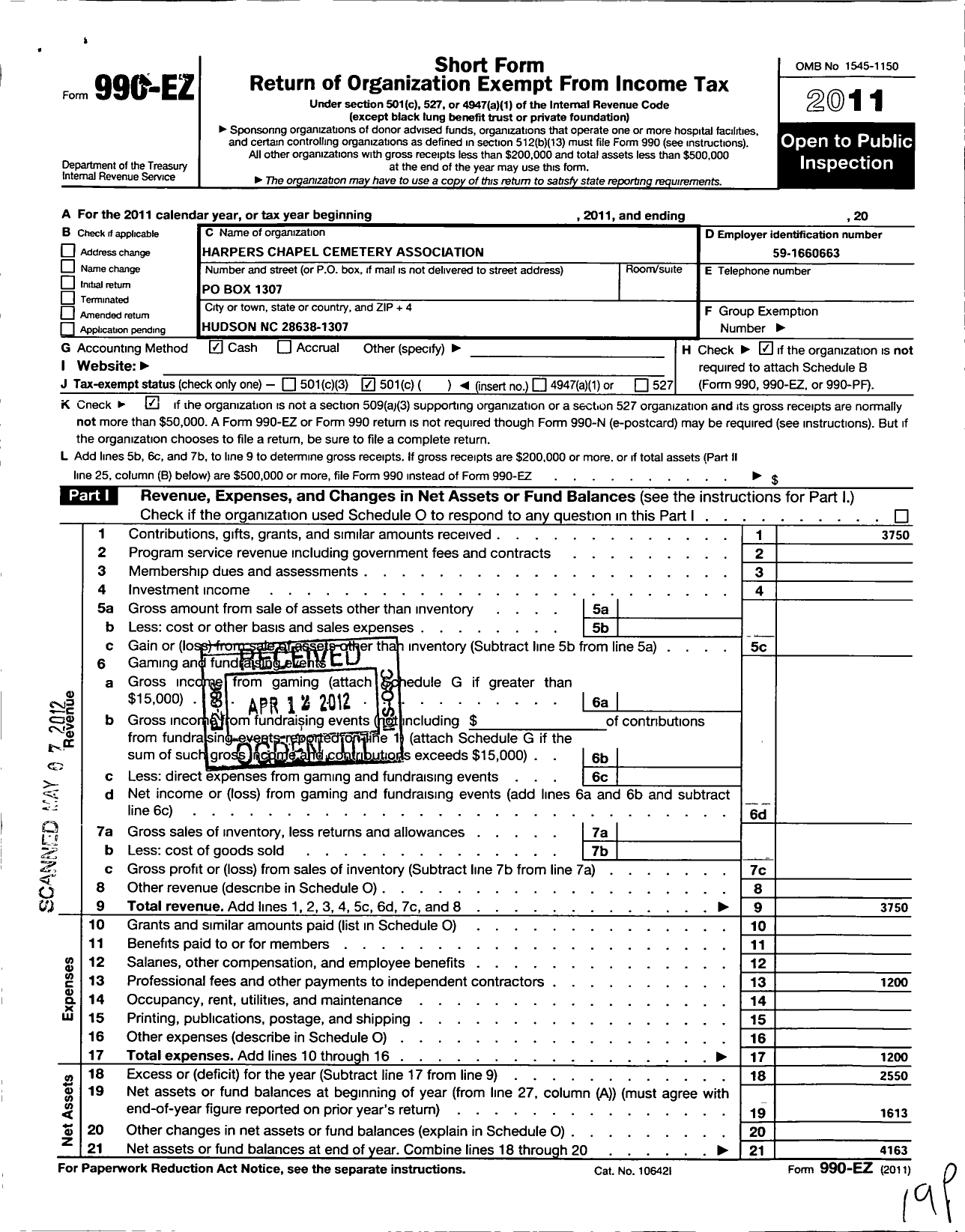 Image of first page of 2011 Form 990EO for Harpers Chapel Cemetary Association