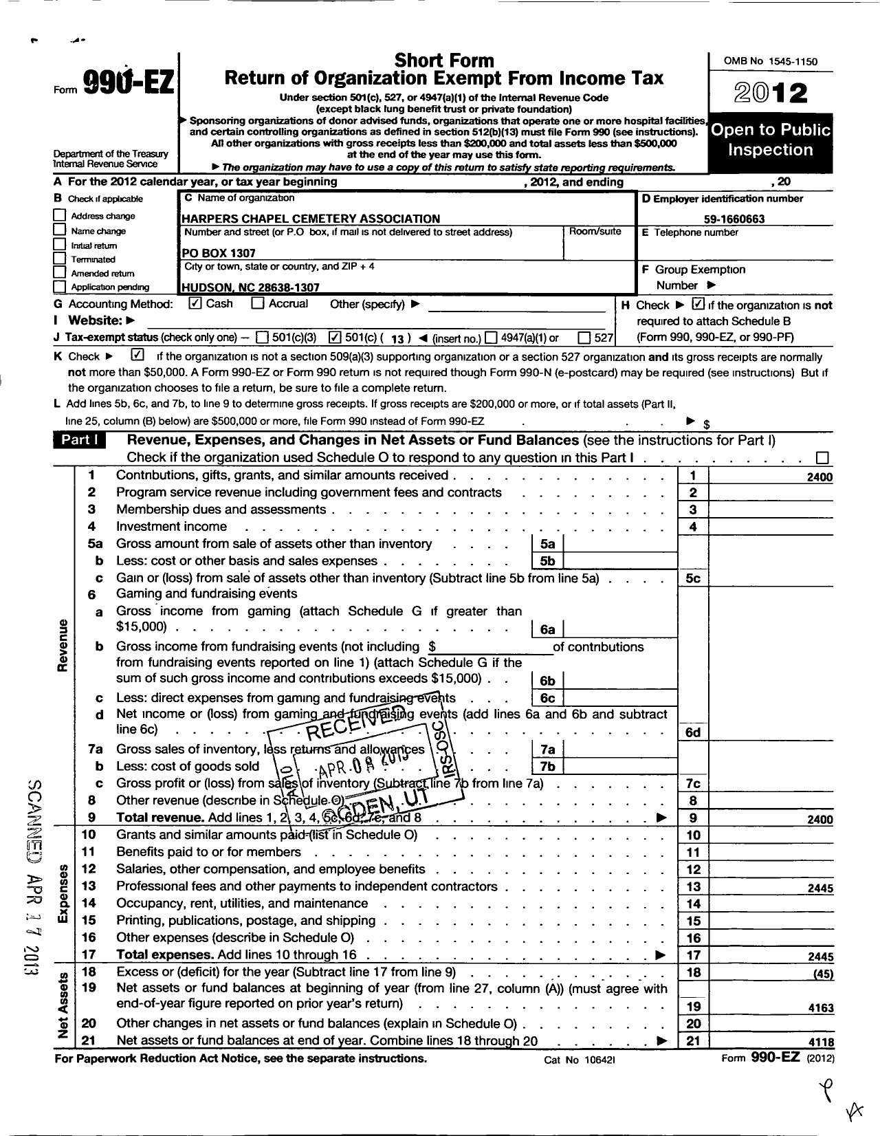 Image of first page of 2012 Form 990EO for Harpers Chapel Cemetary Association