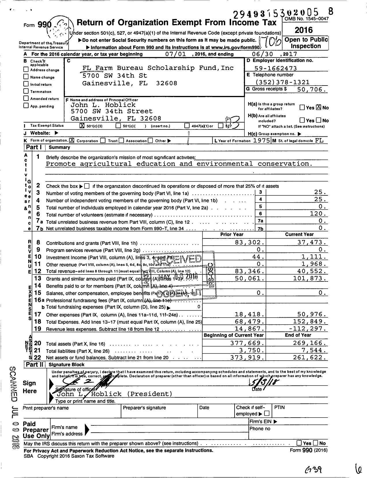 Image of first page of 2016 Form 990 for Florida Farm Bureau Scholarship Fund