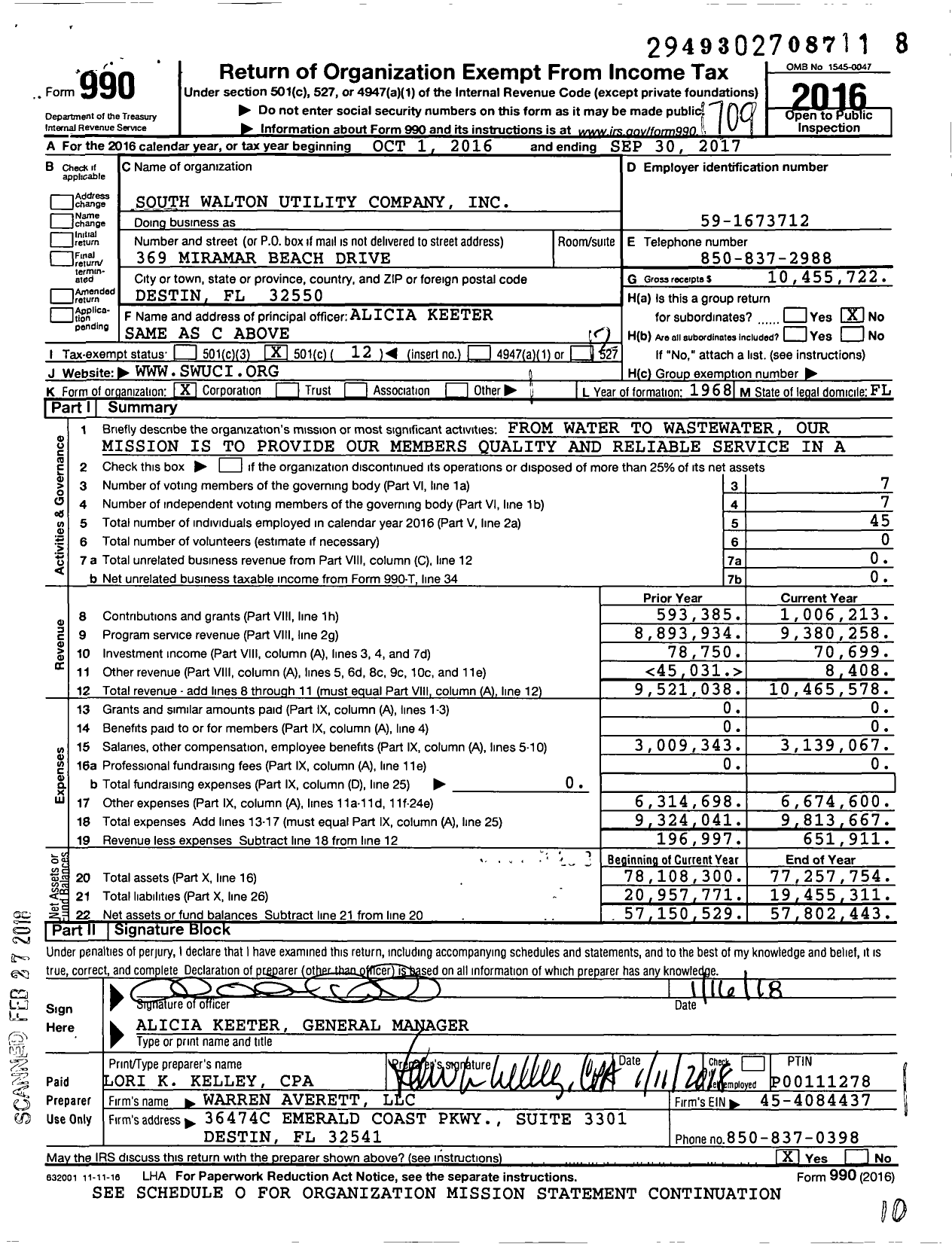 Image of first page of 2016 Form 990O for South Walton Utility Company