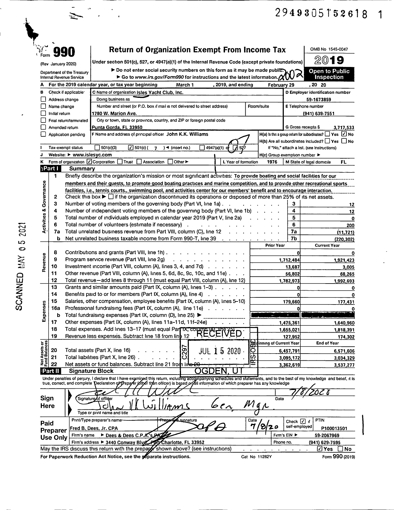 Image of first page of 2019 Form 990O for Isles Yacht Club