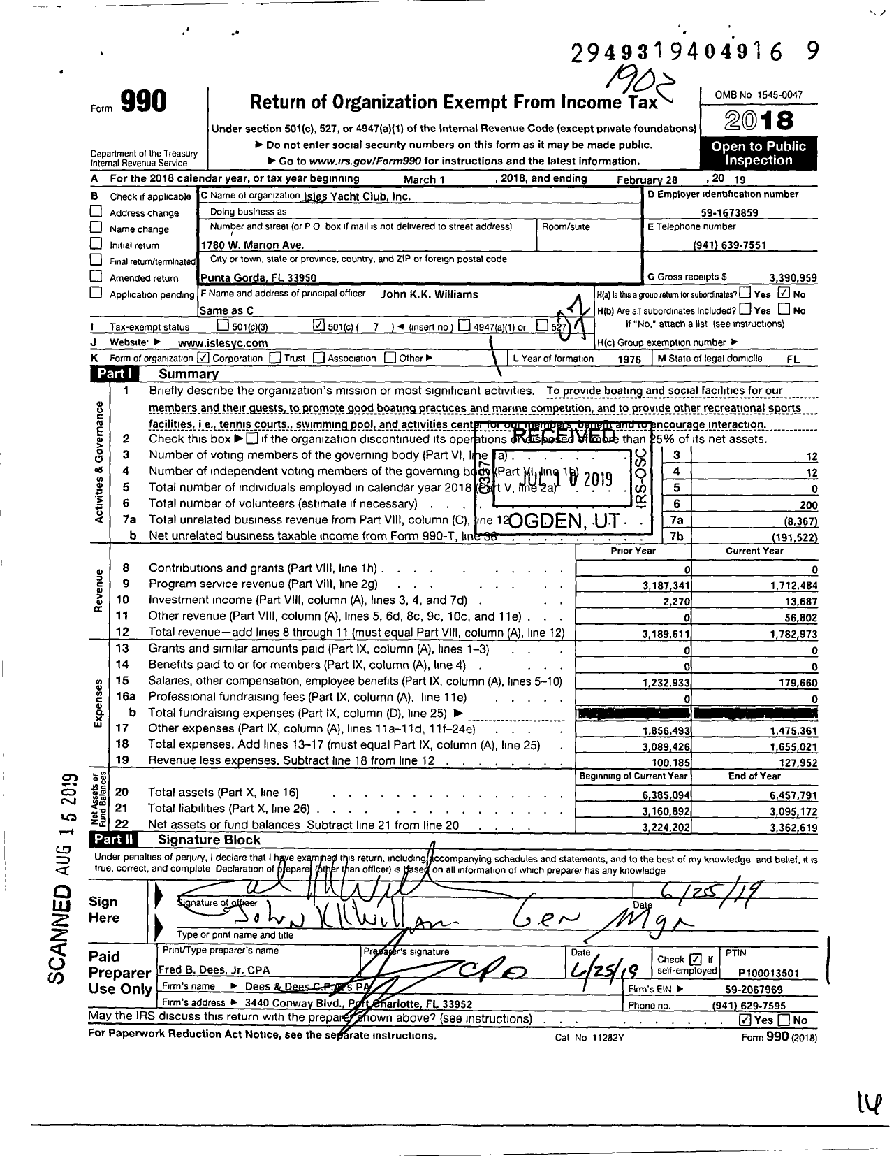 Image of first page of 2018 Form 990O for Isles Yacht Club