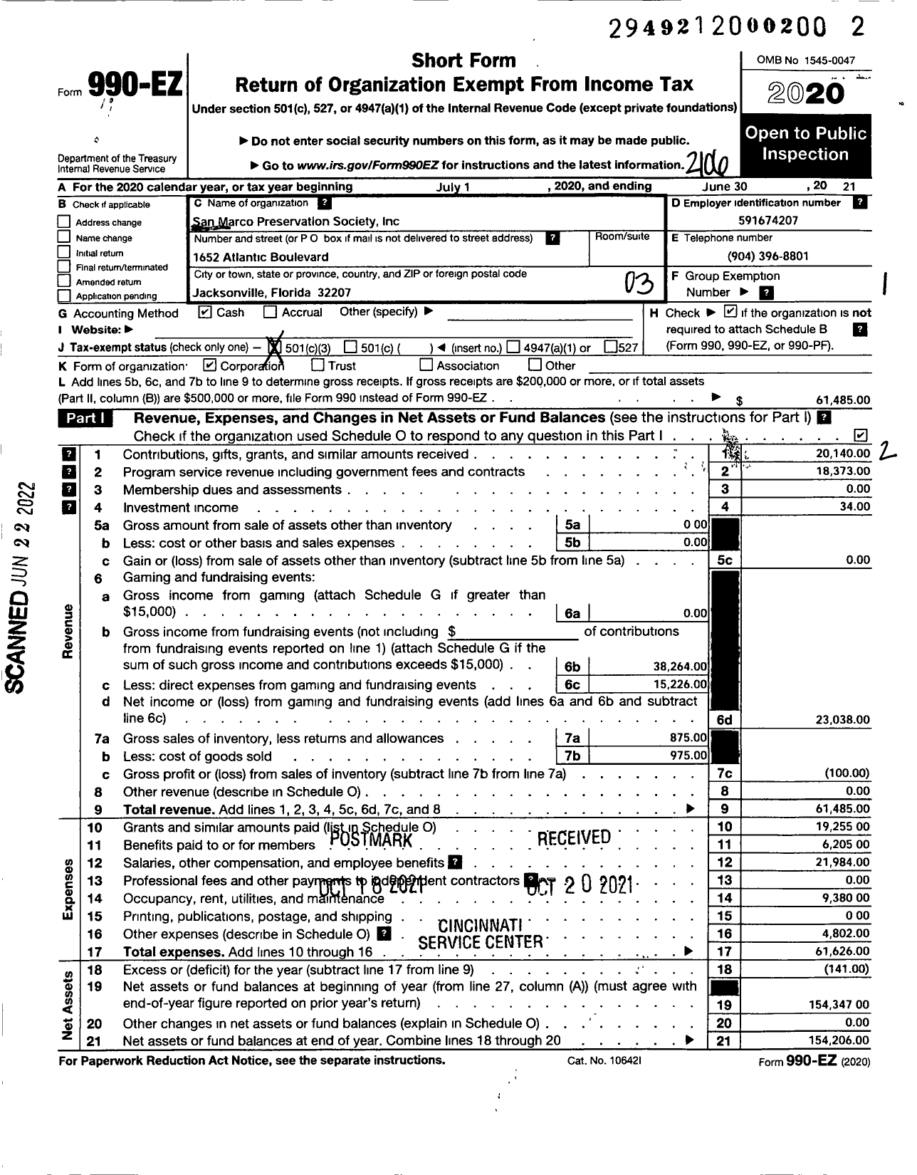 Image of first page of 2020 Form 990EZ for San Marco Preservation Society