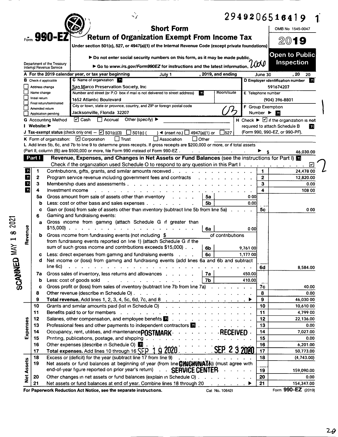 Image of first page of 2019 Form 990EZ for San Marco Preservation Society