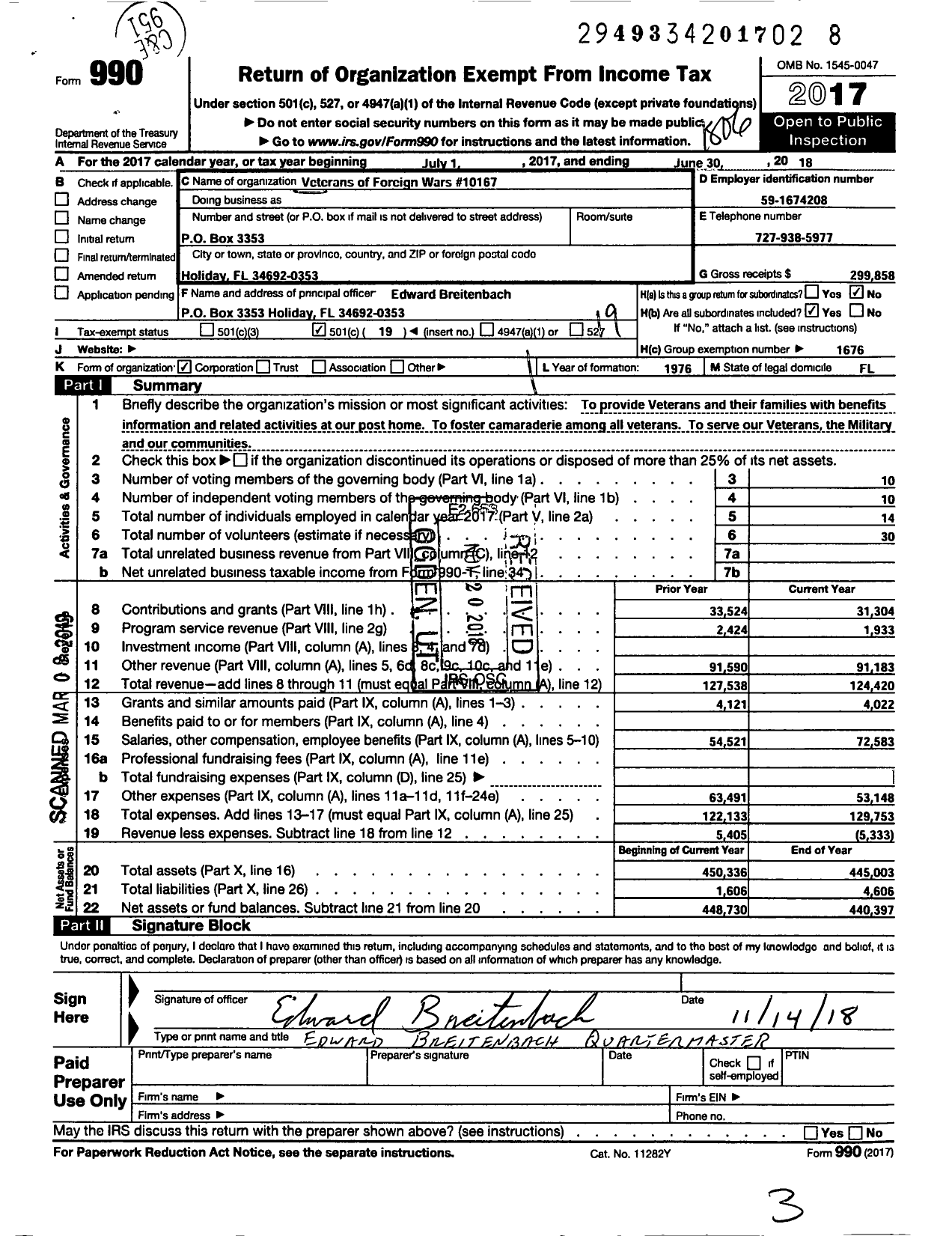 Image of first page of 2017 Form 990O for VFW Department of Florida - 10167 VFW Post