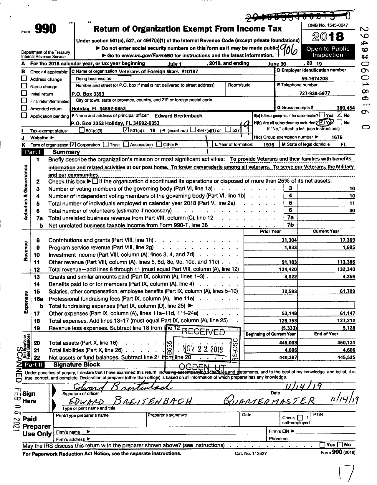 Image of first page of 2018 Form 990O for VFW Department of Florida - 10167 VFW Post