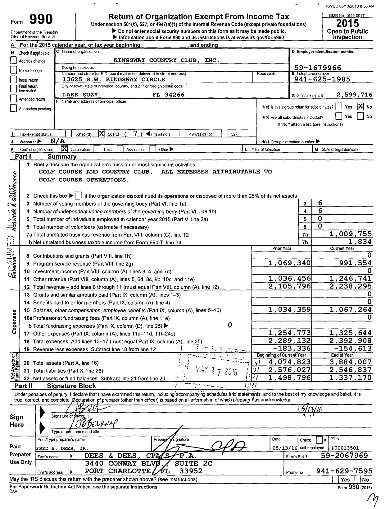 Image of first page of 2015 Form 990O for Kingsway Country Club