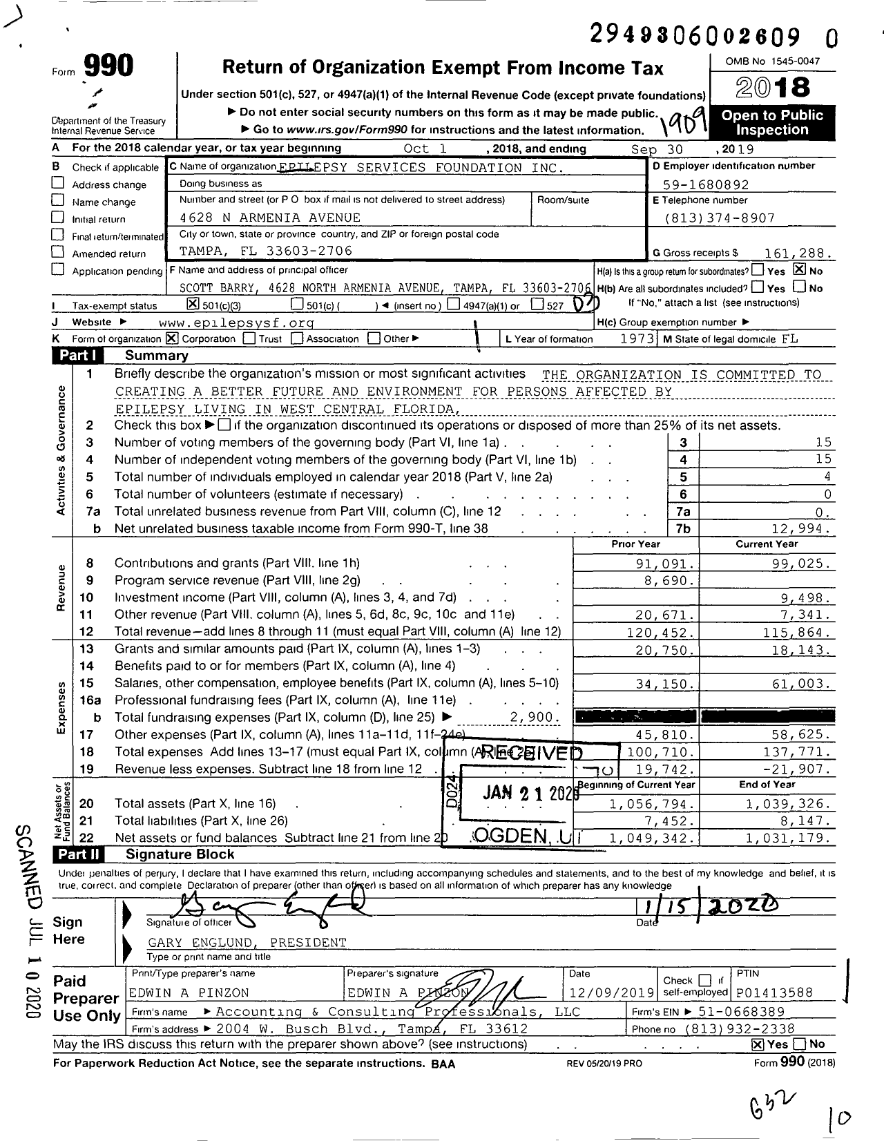 Image of first page of 2018 Form 990 for Epilepsy Services Foundation