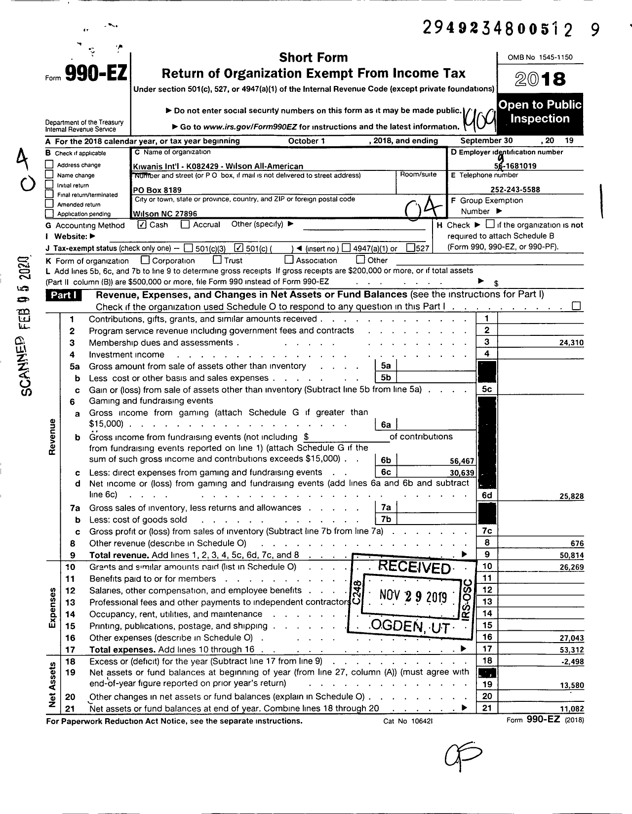 Image of first page of 2018 Form 990EO for Kiwanis International - K08429 Club of Wilson-All American