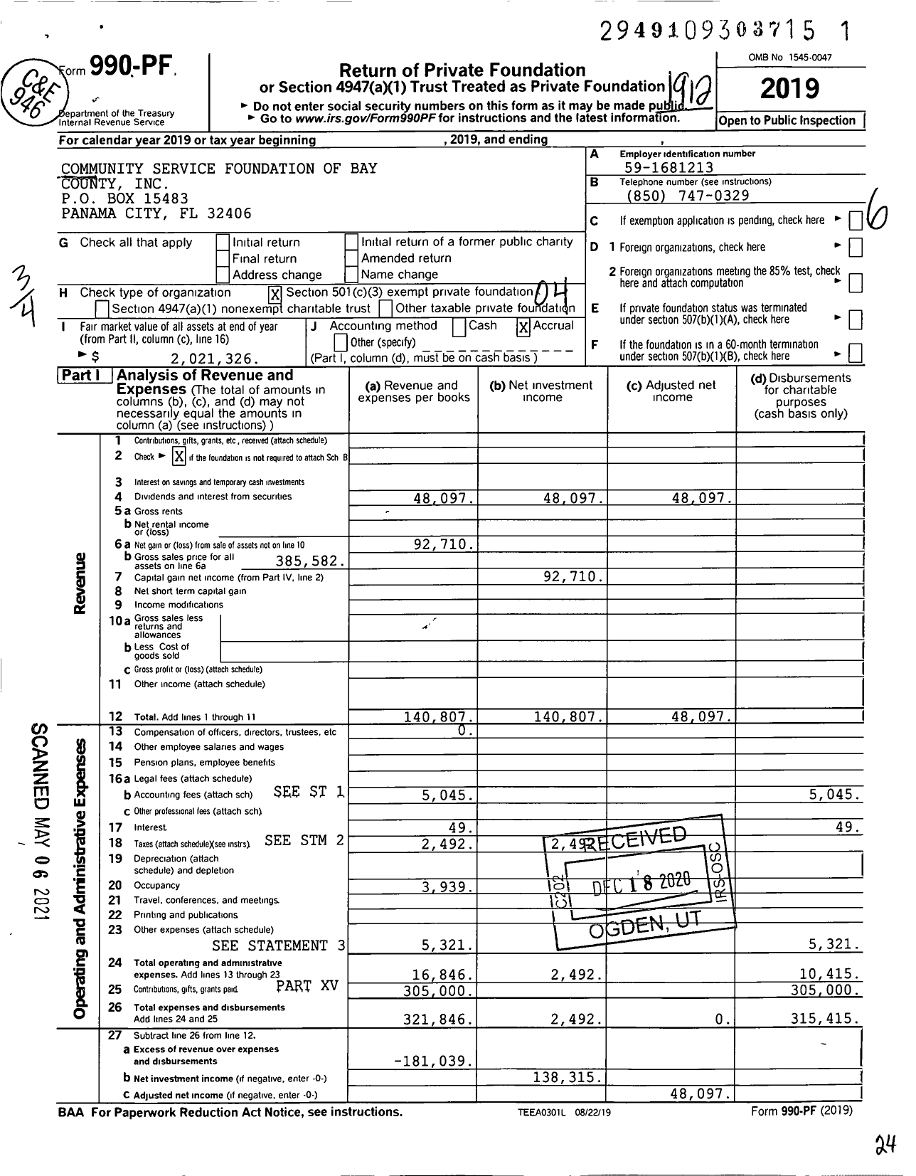 Image of first page of 2019 Form 990PF for Community Service Foundation of Bay County