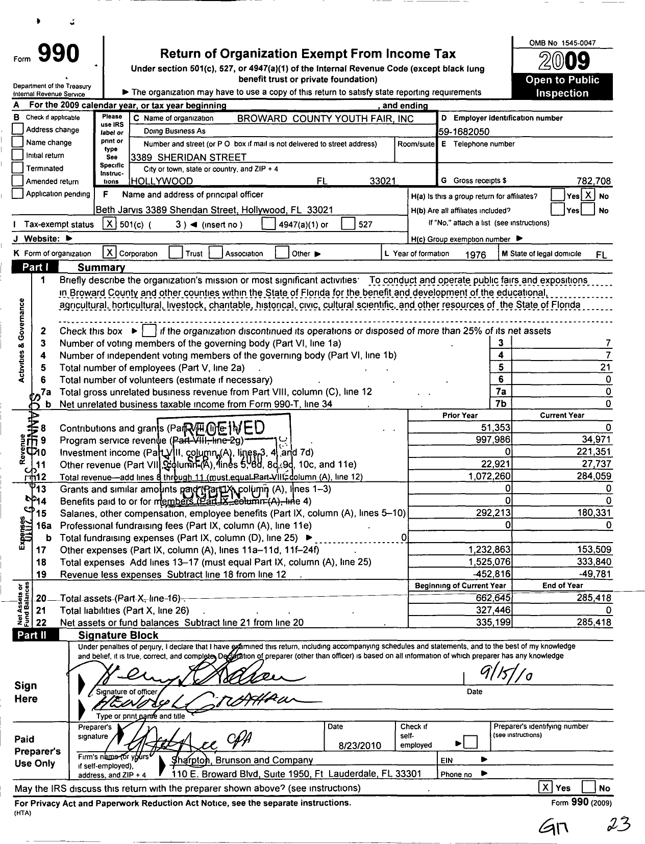 Image of first page of 2009 Form 990 for Broward County Fair