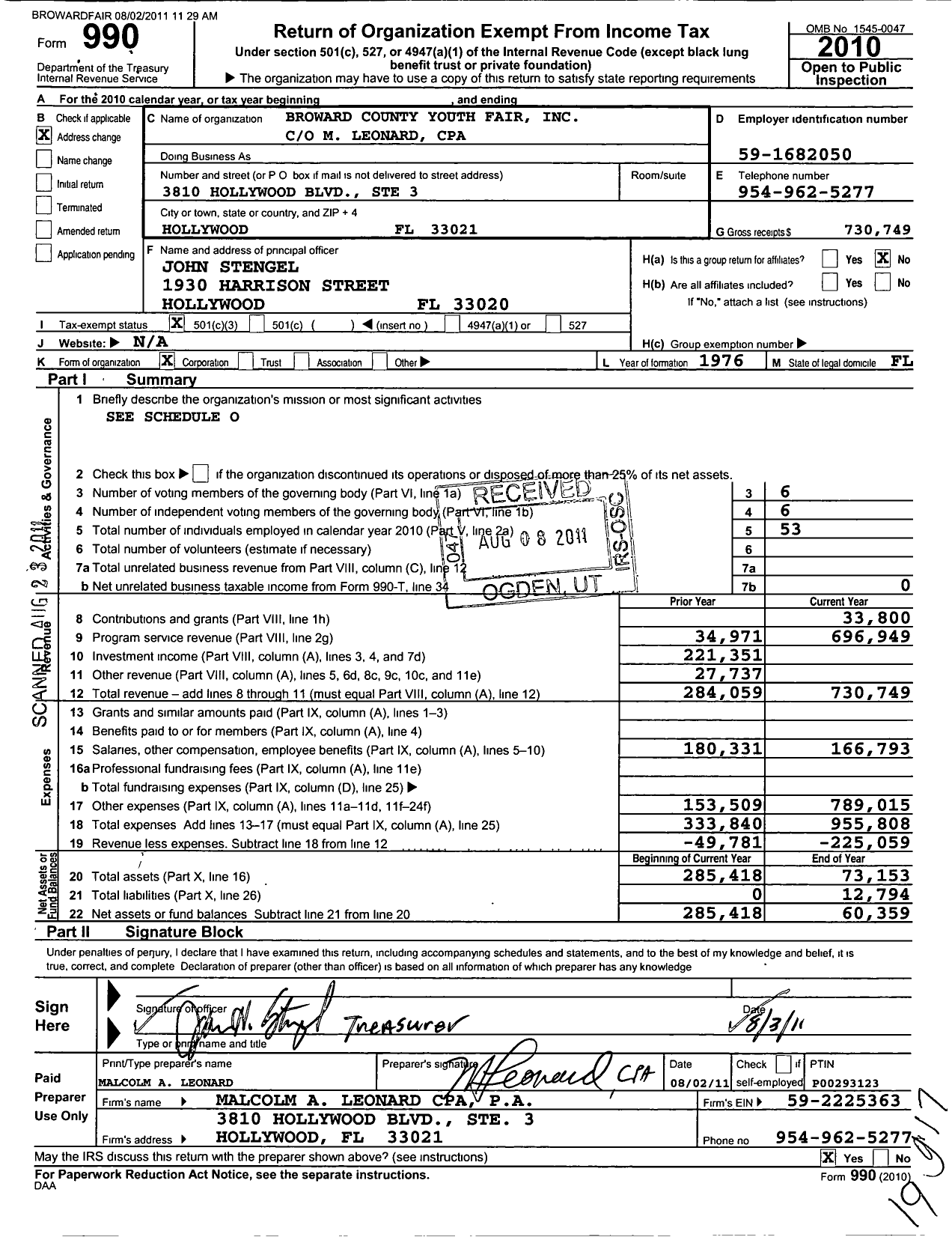 Image of first page of 2010 Form 990 for Broward County Fair