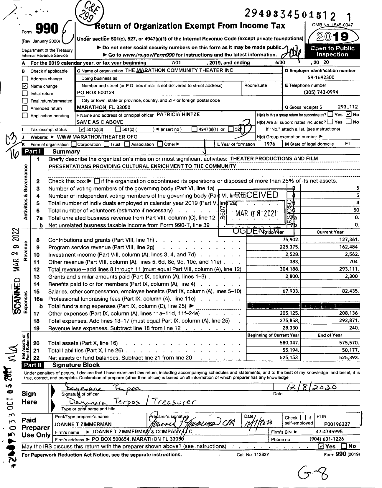 Image of first page of 2019 Form 990 for The Marathon Community Theatre