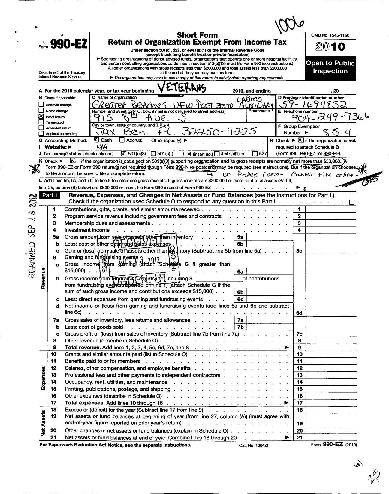 Image of first page of 2009 Form 990EZ for Veterans of Foreign Wars of the Us Dept of Florida Auxiliary - 3270 Greater Beaches Auxiliary