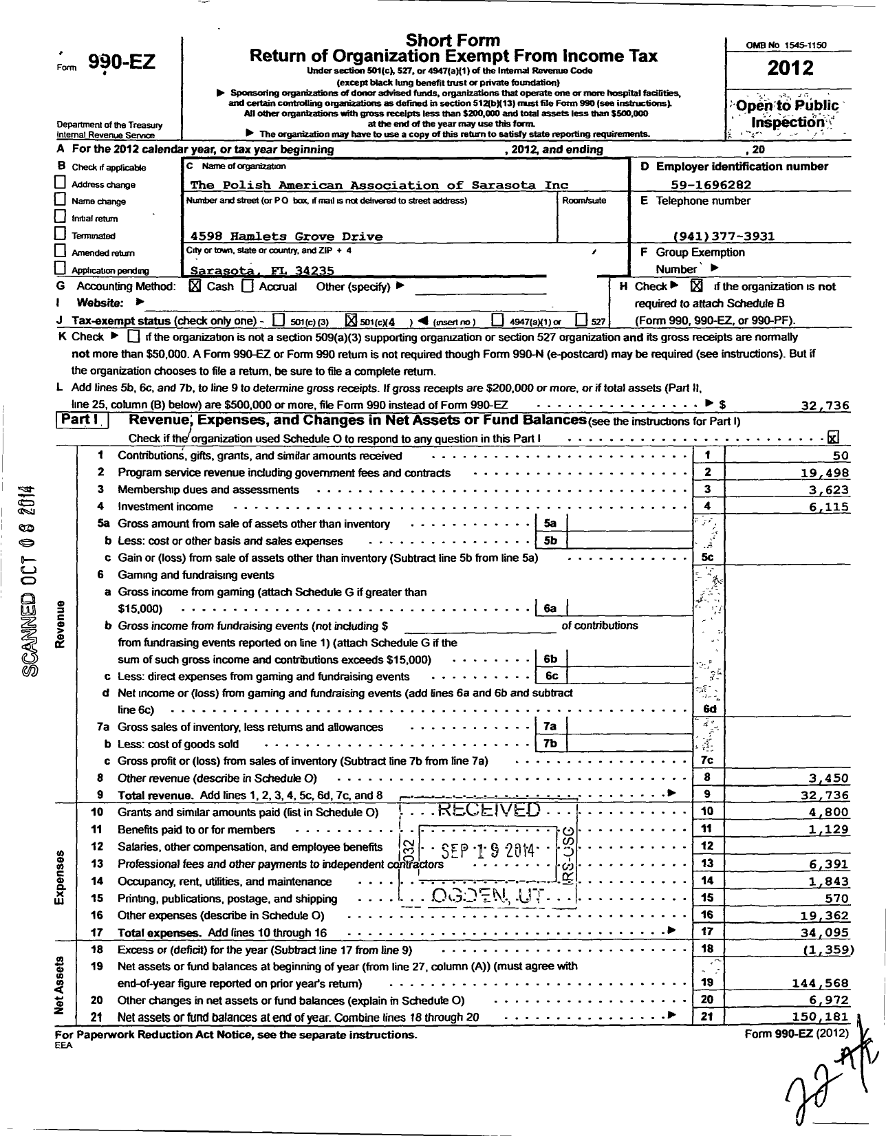 Image of first page of 2012 Form 990EO for The Polish-American Association of Sarasota