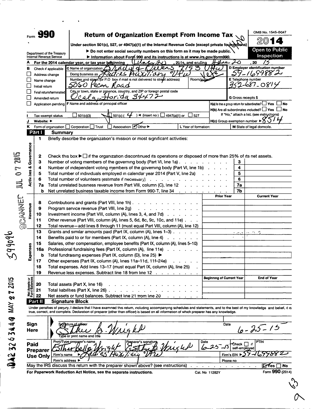 Image of first page of 2013 Form 990O for Veterans of Foreign Wars of the Us Dept of Florida Auxiliary - 7193 Brady-Owens Auxiliary
