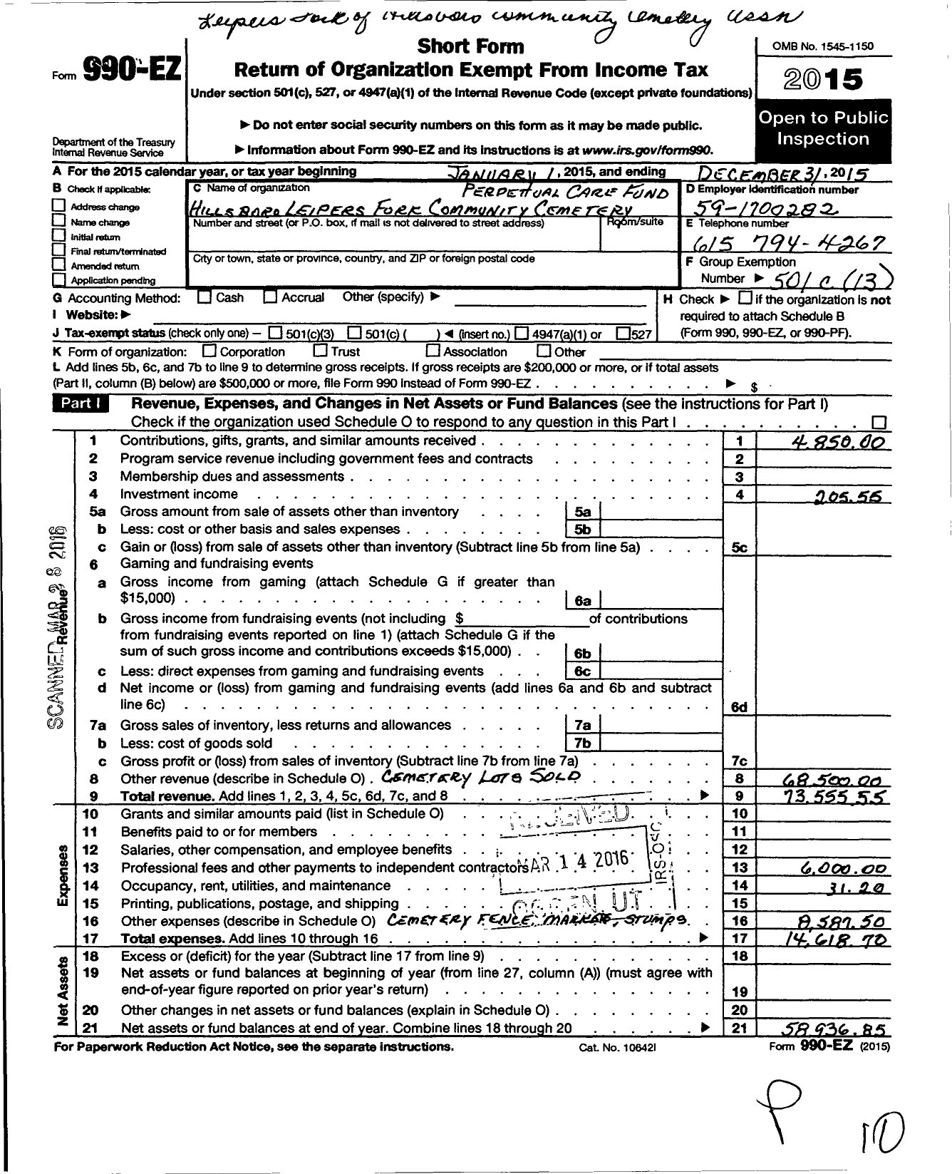 Image of first page of 2015 Form 990EO for Leipers Fork of Hillsboro Community Cemetery Association