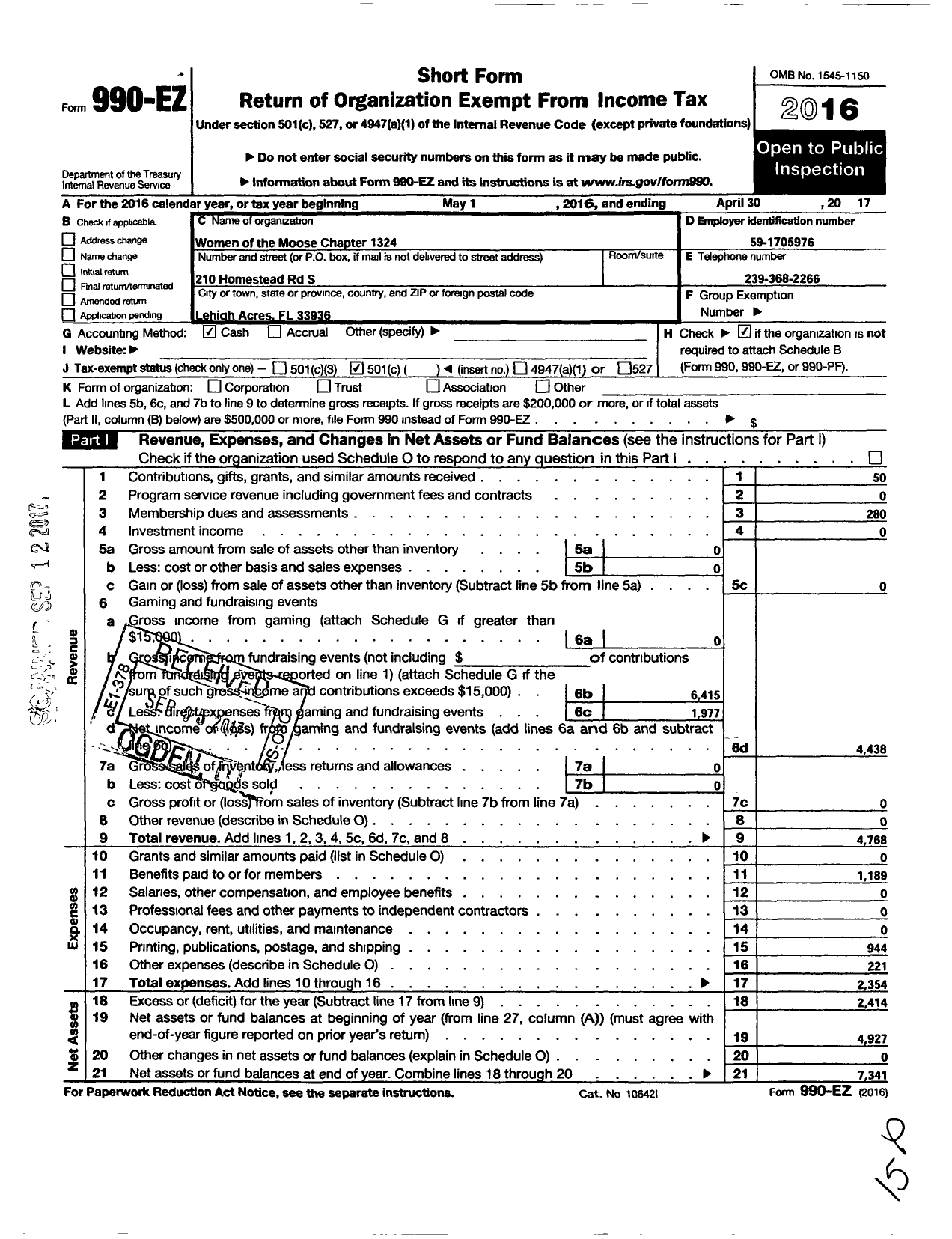 Image of first page of 2016 Form 990EO for Loyal Order of Moose - 1324