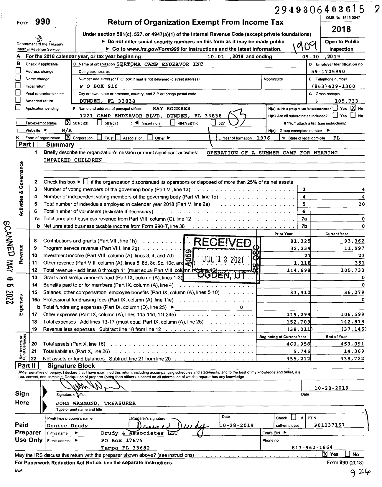 Image of first page of 2018 Form 990 for Sertoma Camp Endeavor