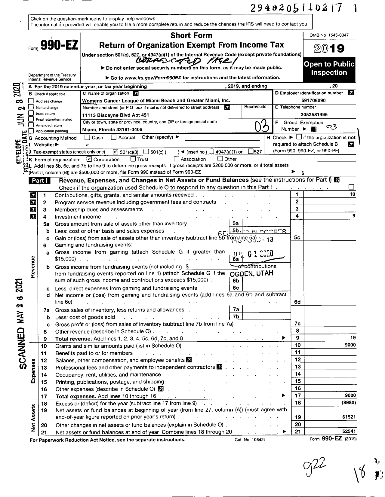 Image of first page of 2019 Form 990EZ for Womens Cancer League of Miami Beach and Greater Miami Greater Miami