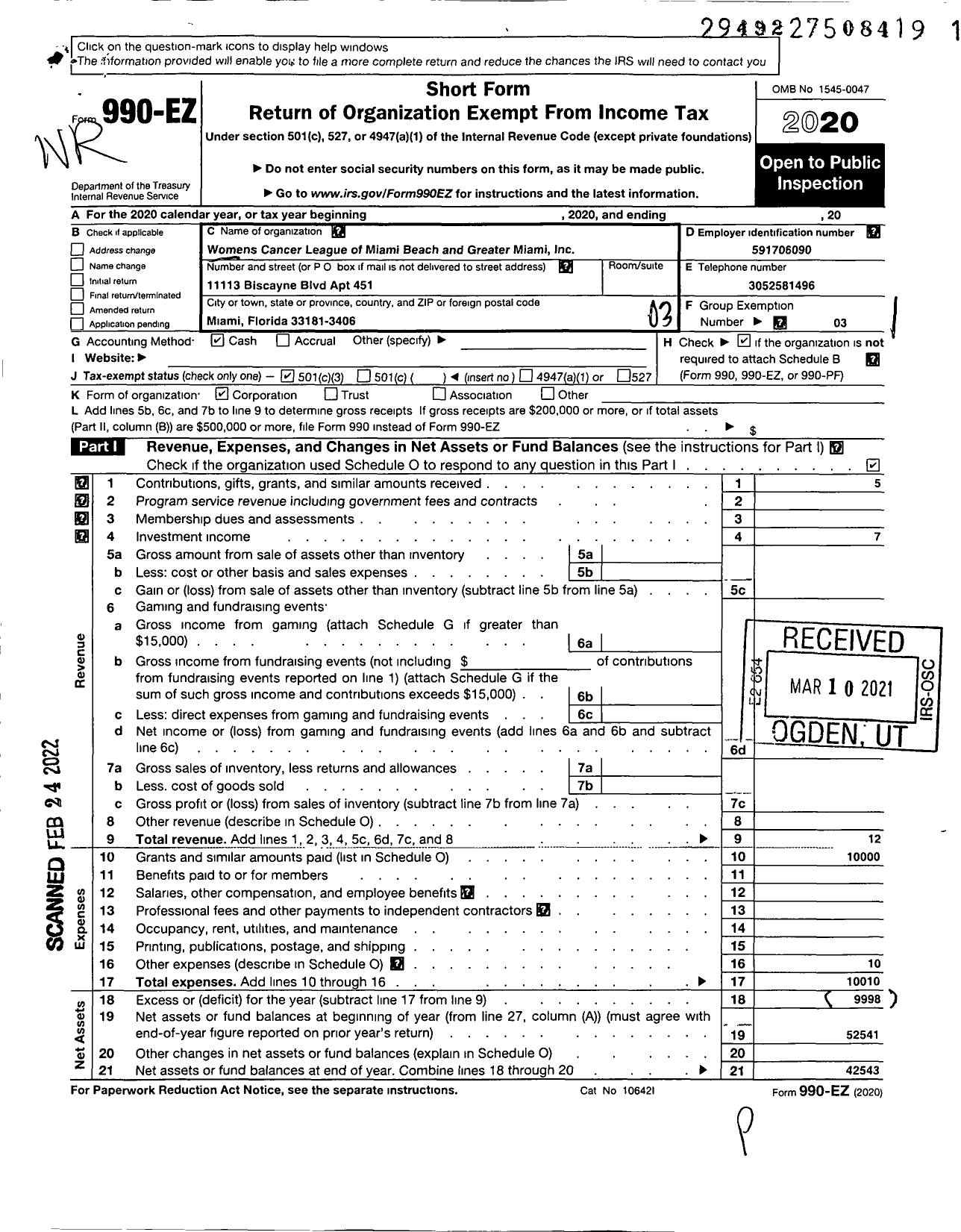 Image of first page of 2020 Form 990EZ for Womens Cancer League of Miami Beach and Greater Miami