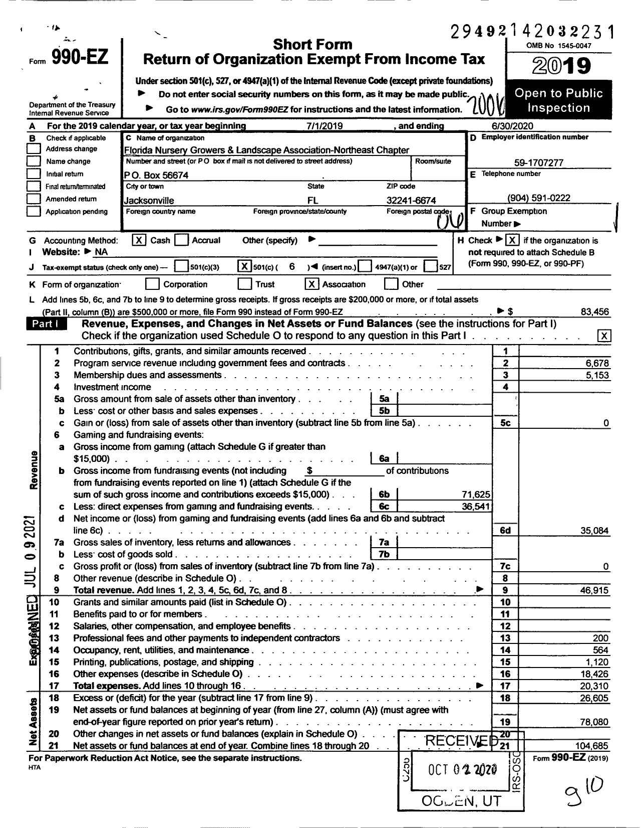 Image of first page of 2019 Form 990EO for Florida Nursery Growers & Landscape Association - Northeast Chapter