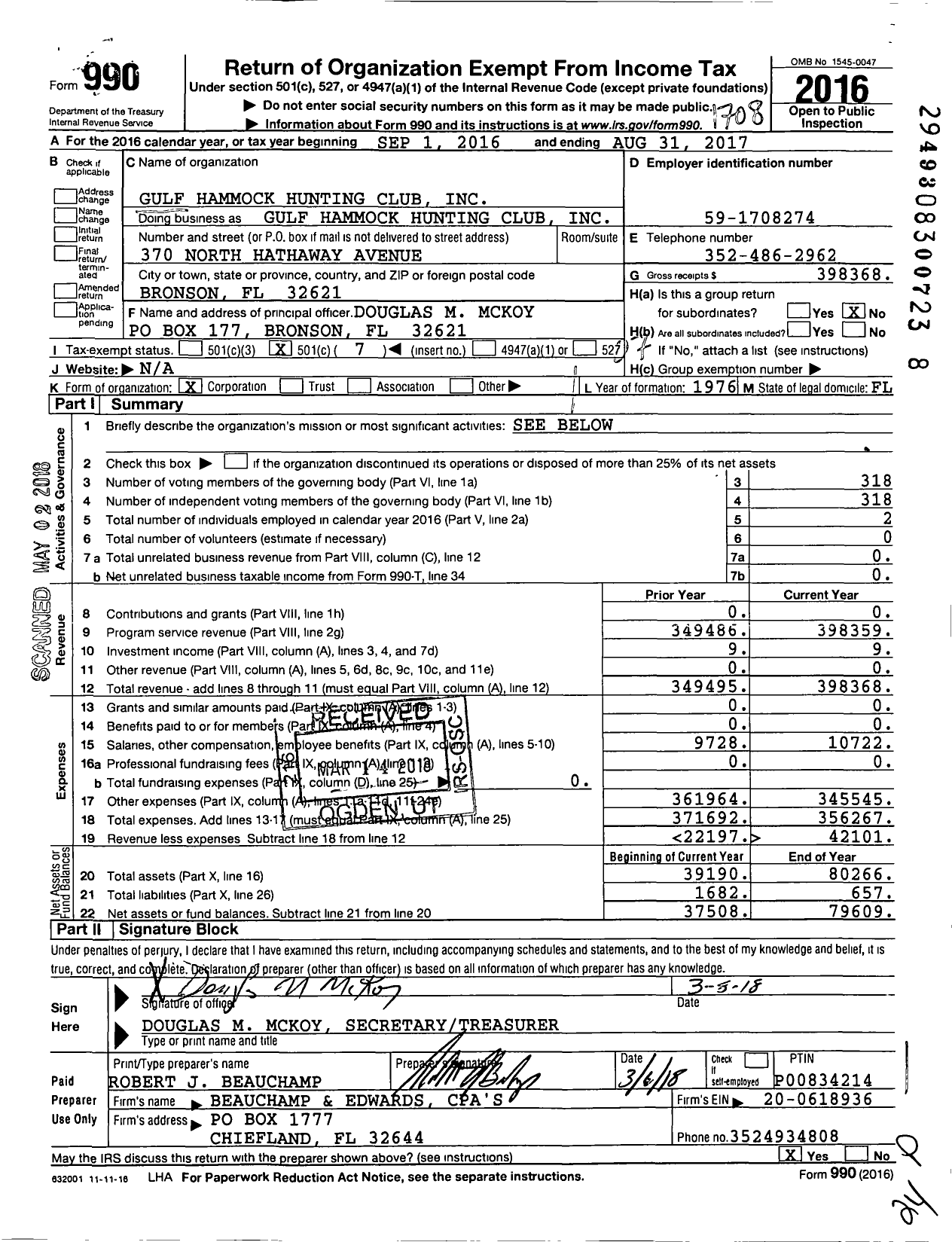 Image of first page of 2016 Form 990O for Gulf Hammock Hunting Club