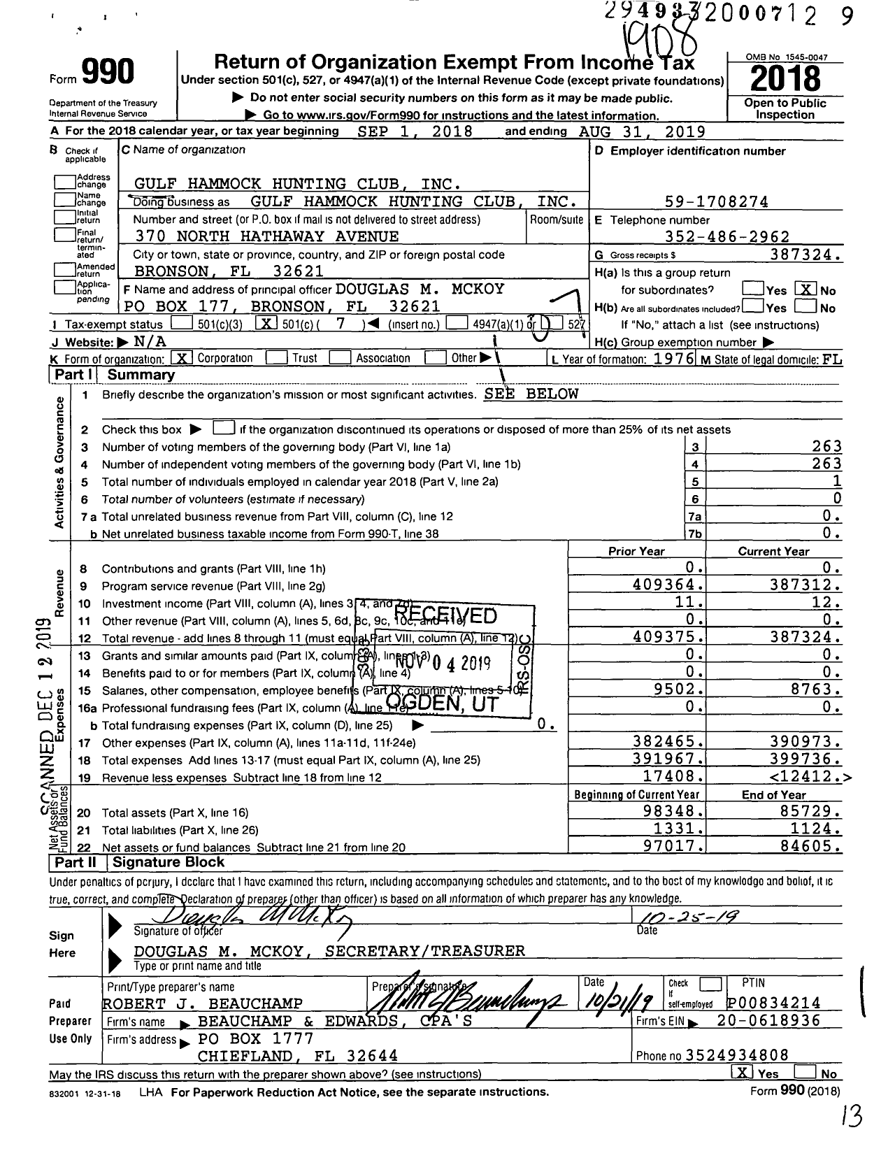 Image of first page of 2018 Form 990O for Gulf Hammock Hunting Club