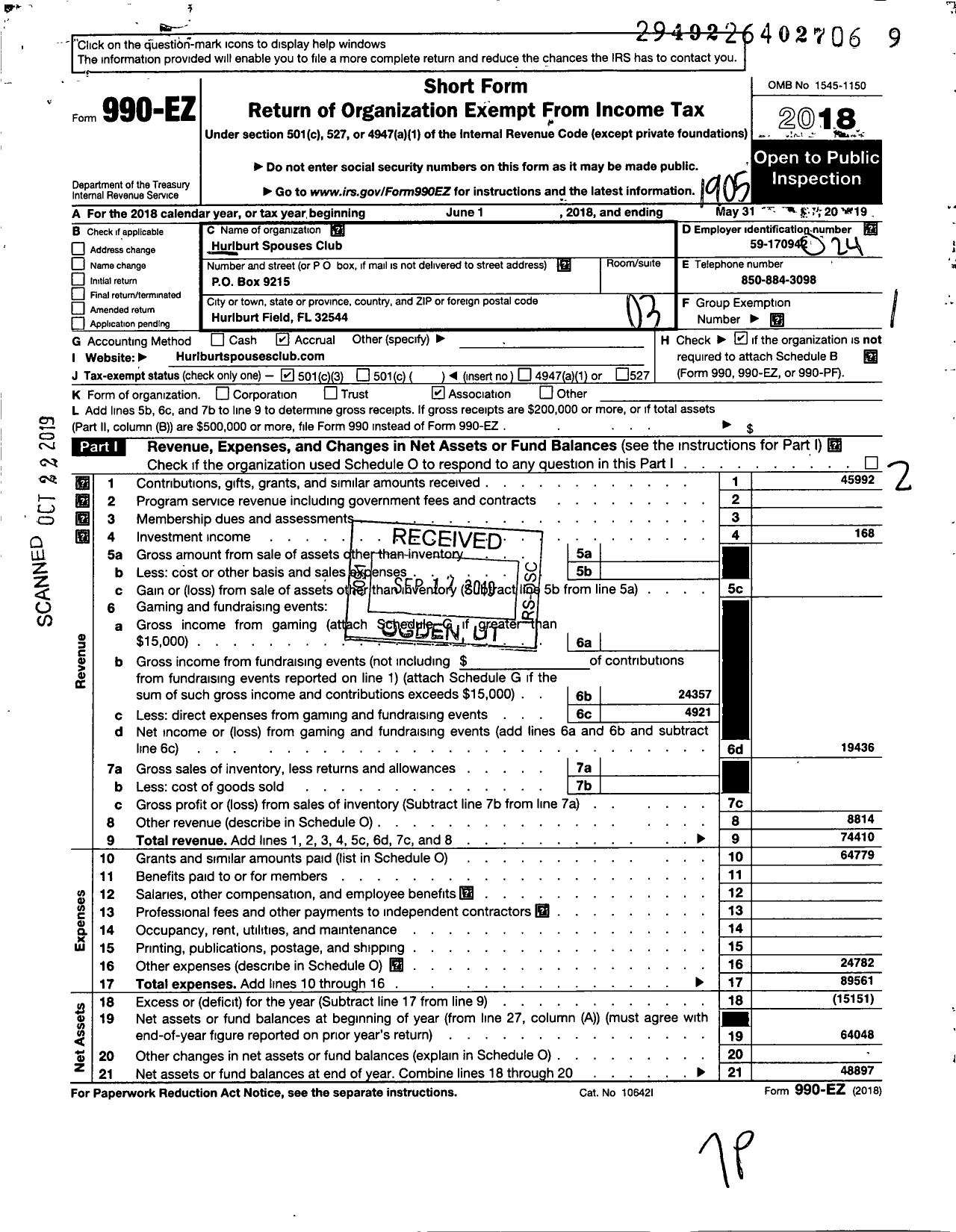 Image of first page of 2018 Form 990EZ for Hurlburt Spouses Club