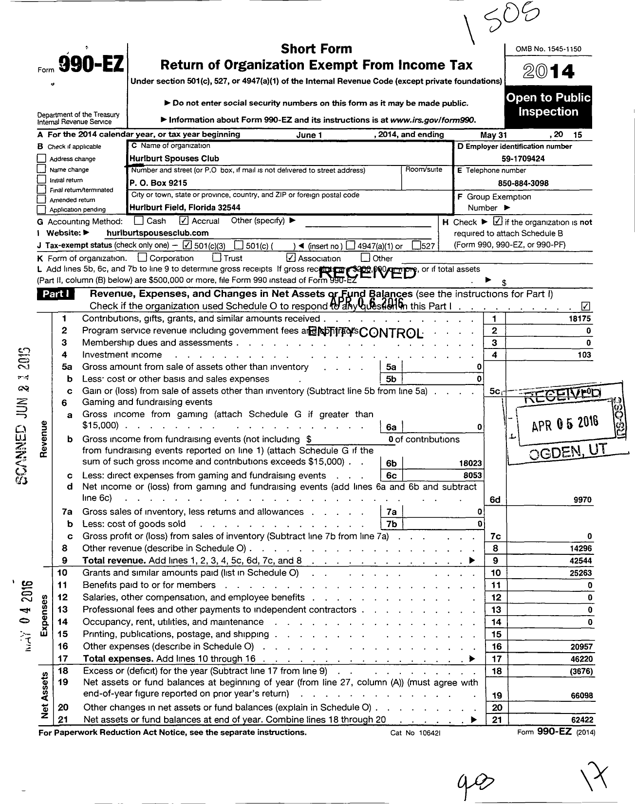 Image of first page of 2014 Form 990EZ for Hurlburt Spouses Club