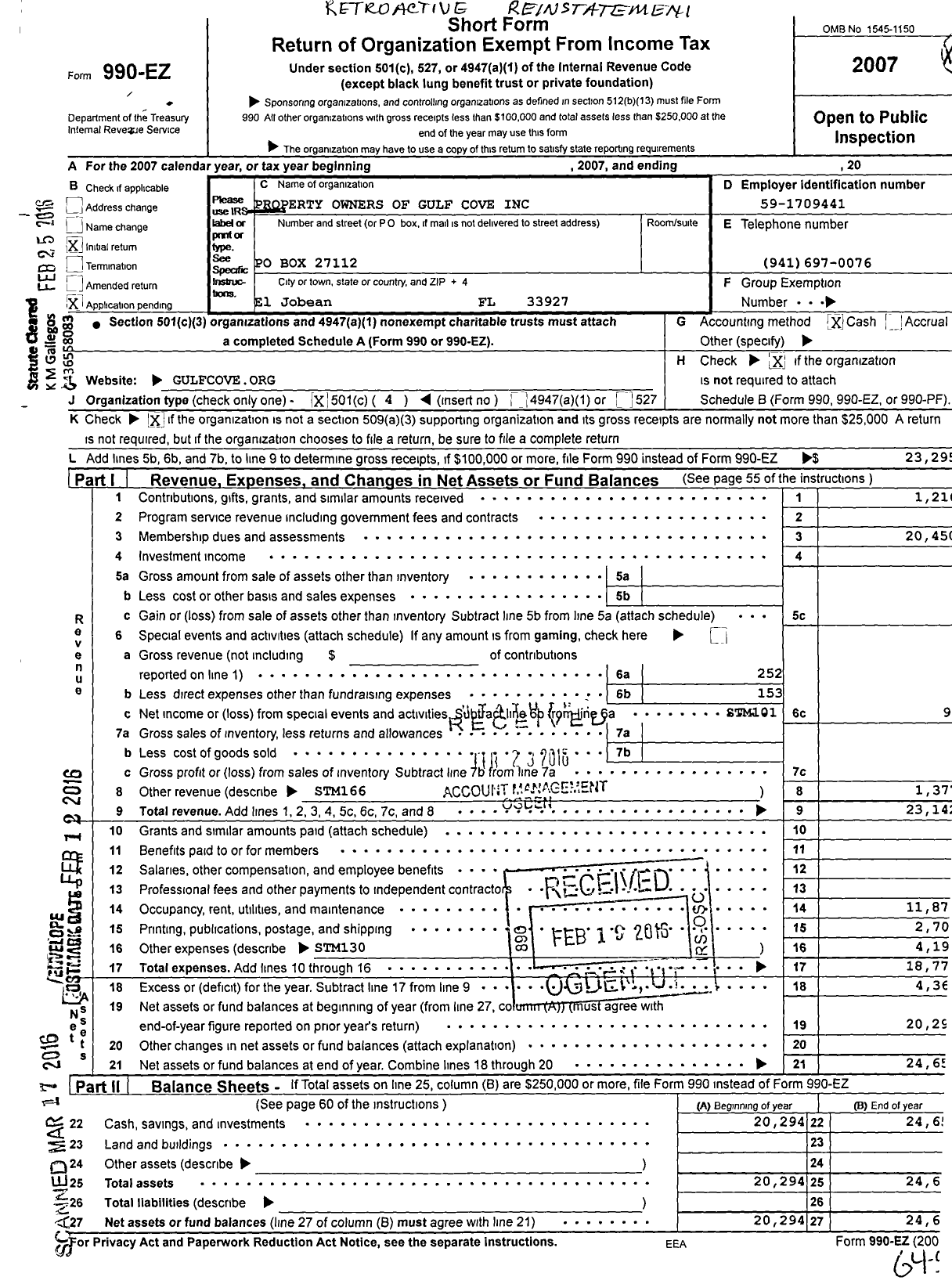 Image of first page of 2007 Form 990EO for Property Owners of Gulf Cove