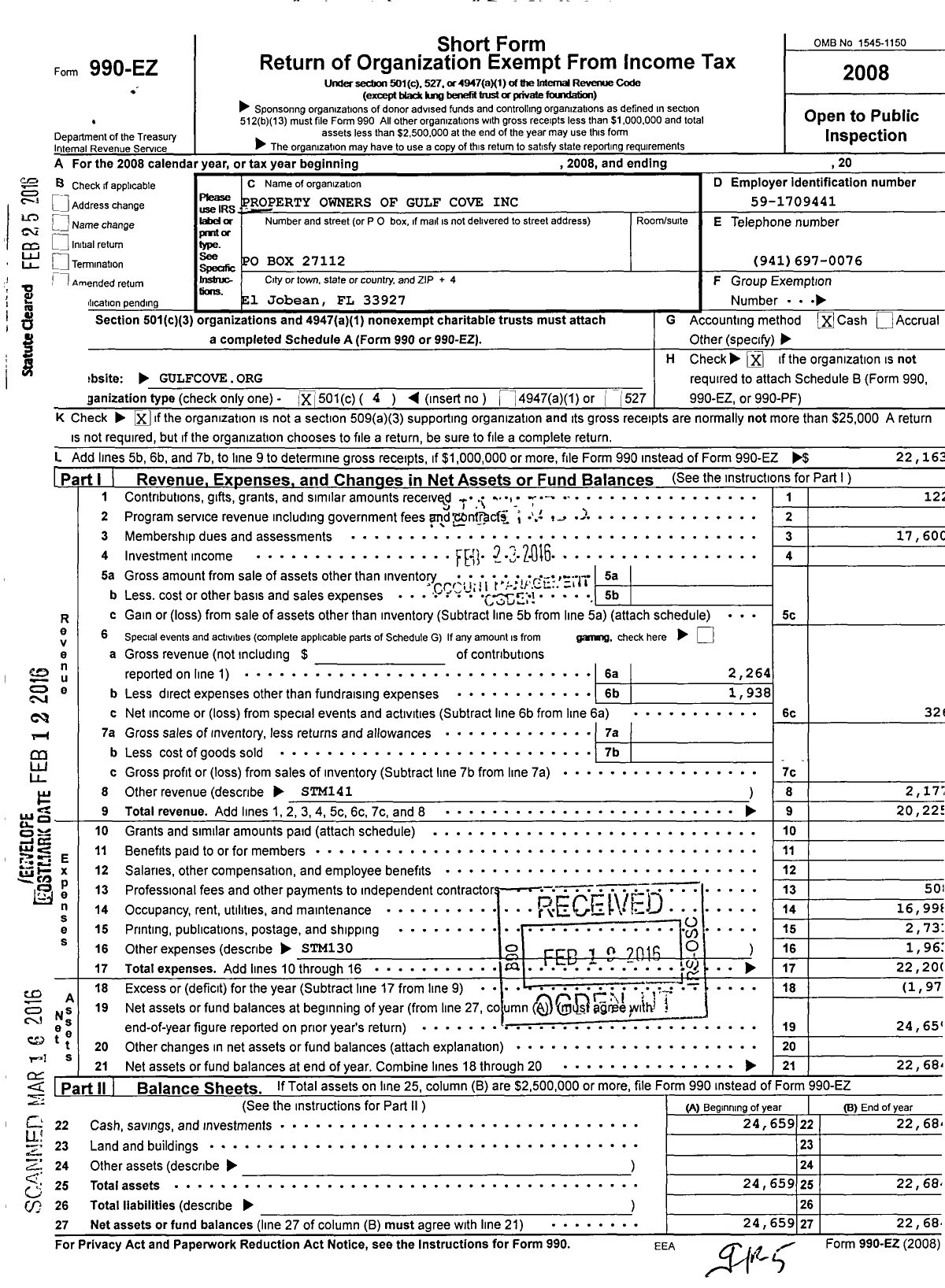 Image of first page of 2008 Form 990EO for Property Owners of Gulf Cove