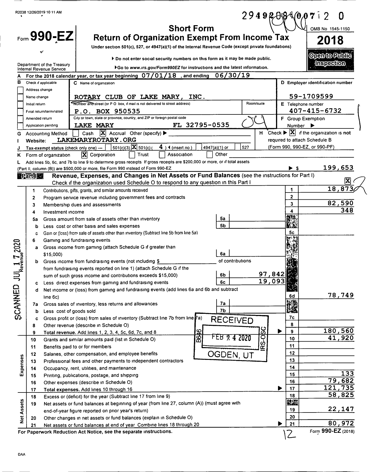 Image of first page of 2018 Form 990EO for Rotary International - Lake Mary