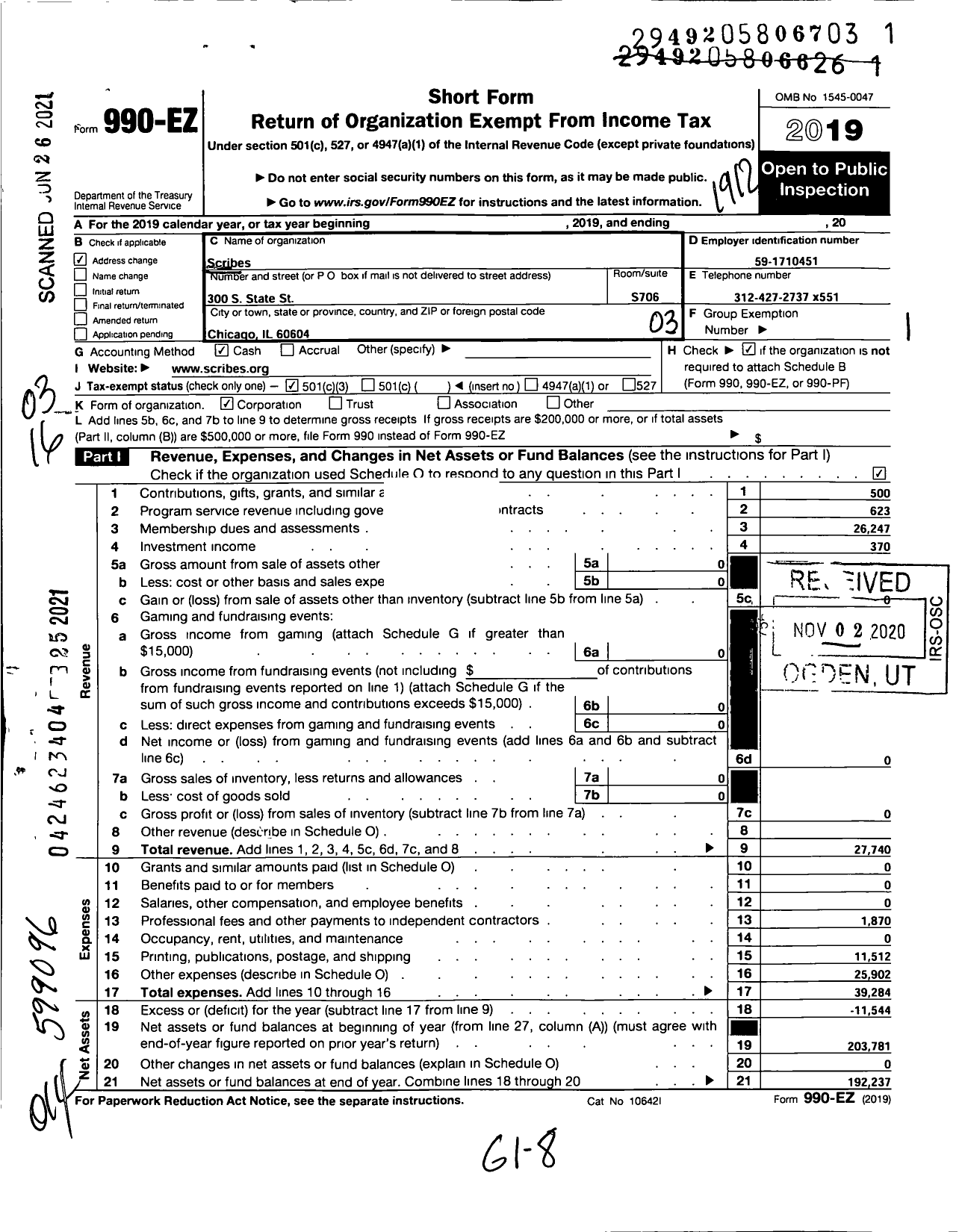 Image of first page of 2019 Form 990EZ for Scribes