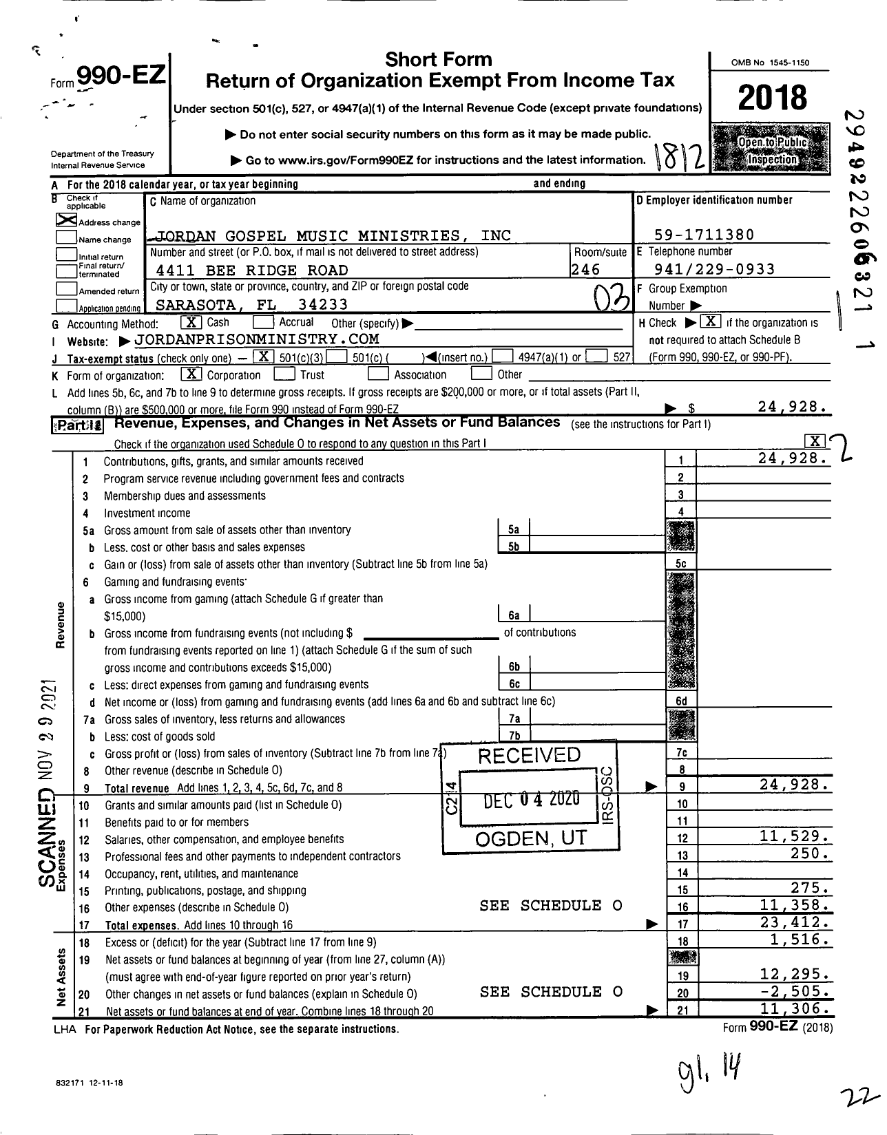 Image of first page of 2018 Form 990EZ for Jordan Gospel Music Ministries