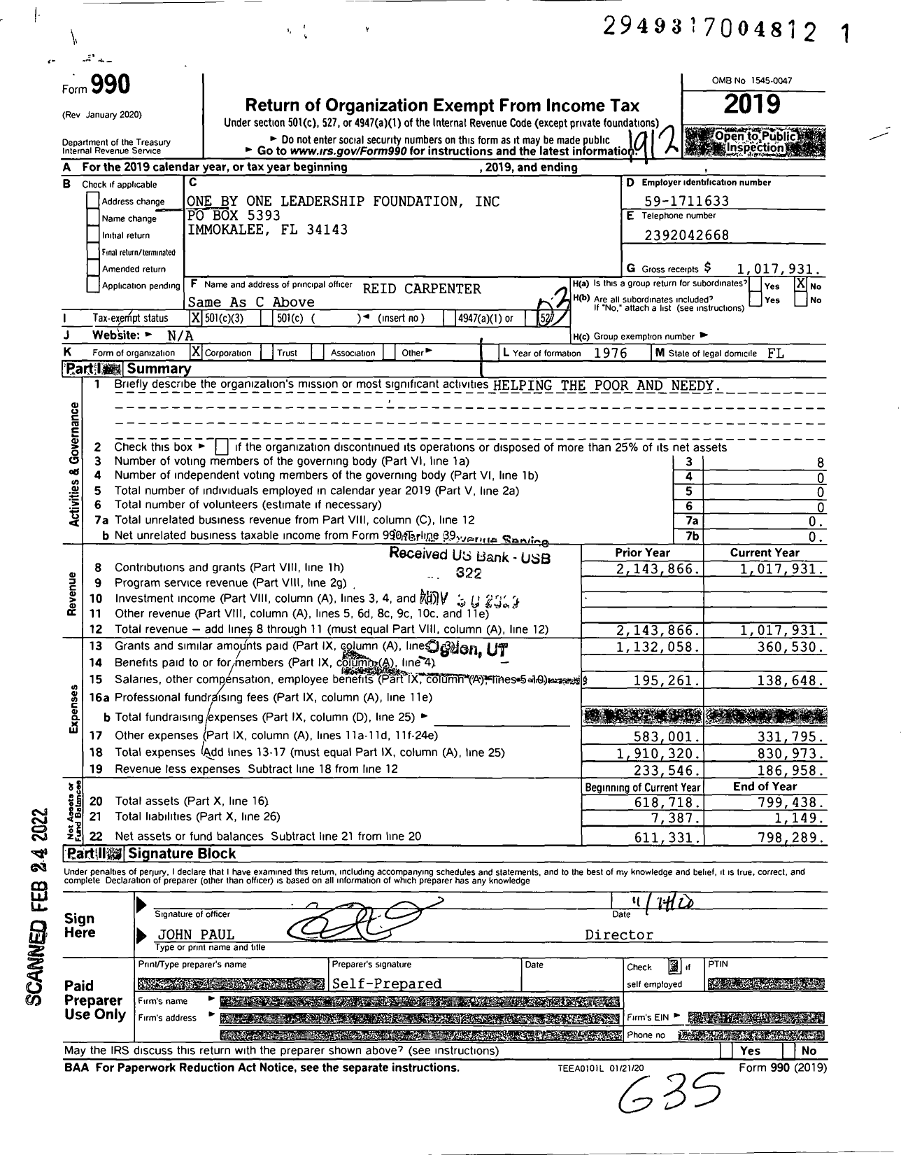 Image of first page of 2019 Form 990 for One By One Leadership Foundation