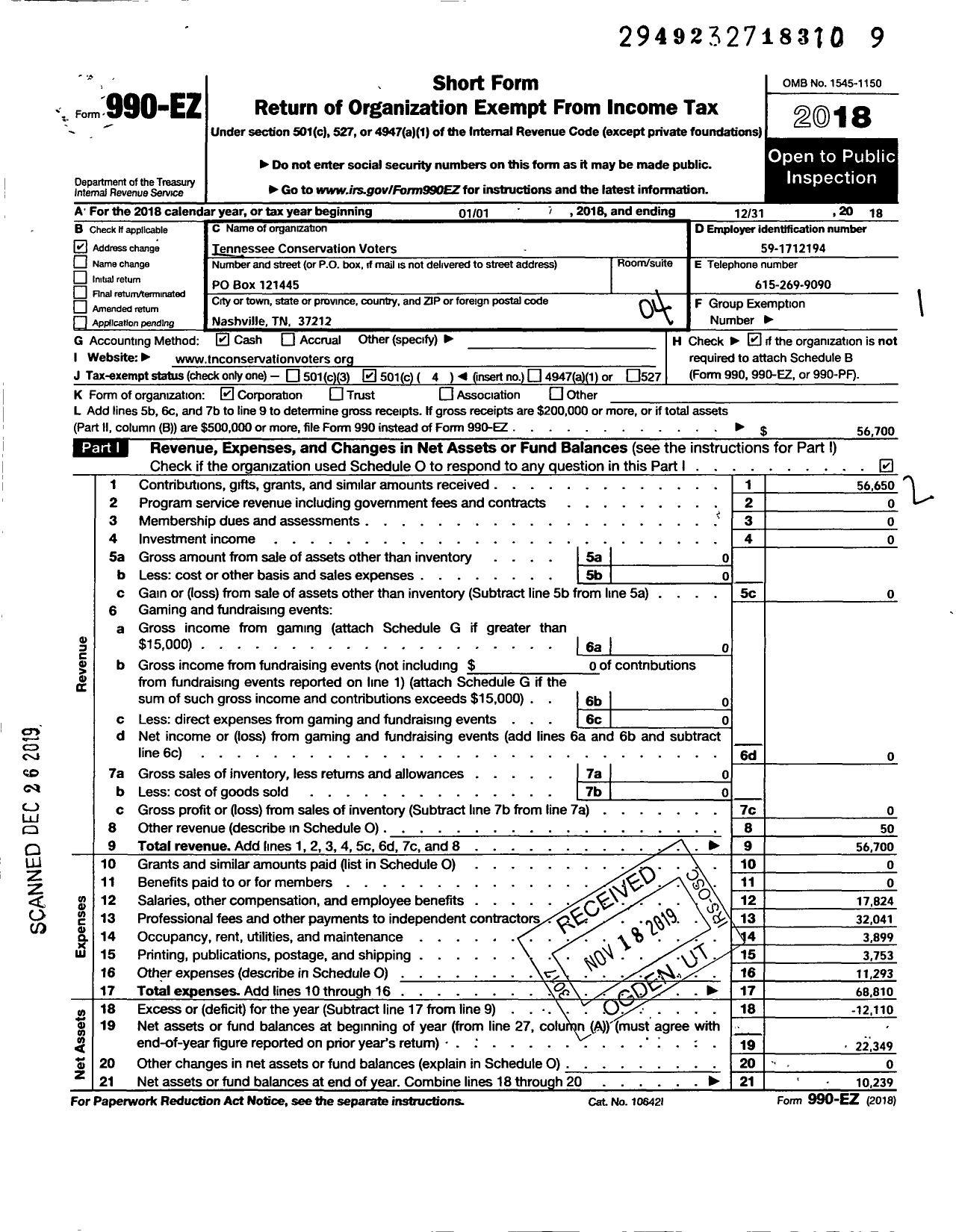 Image of first page of 2018 Form 990EO for Tennessee Conservation Voters